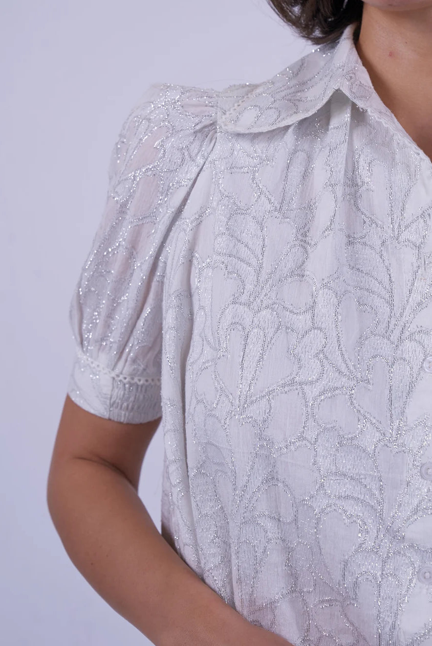 New Day Originals Paddington blouse lace collar detail white and silver close up