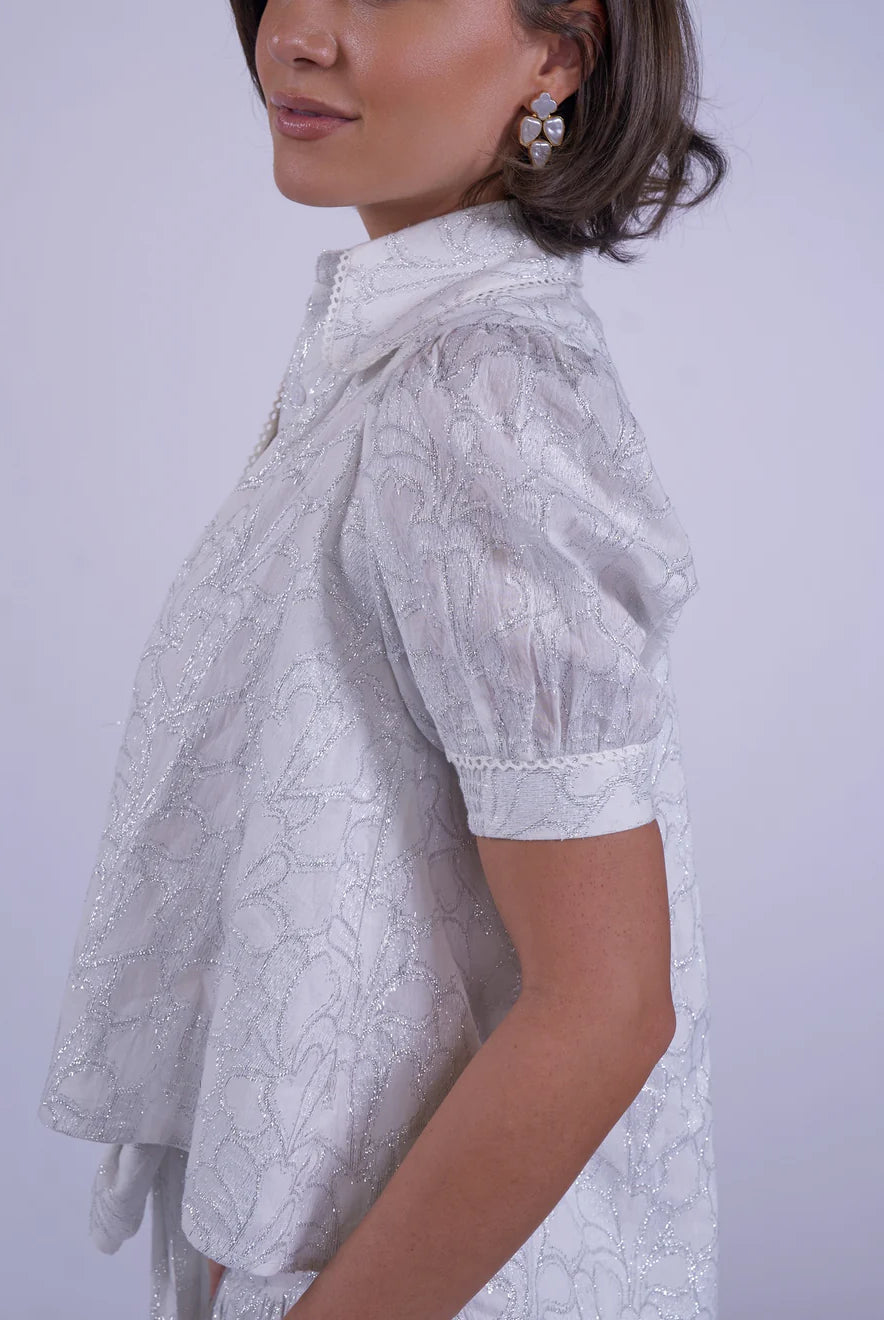 New Day Originals Paddington cotton blouse white silver shimmer fabric detail