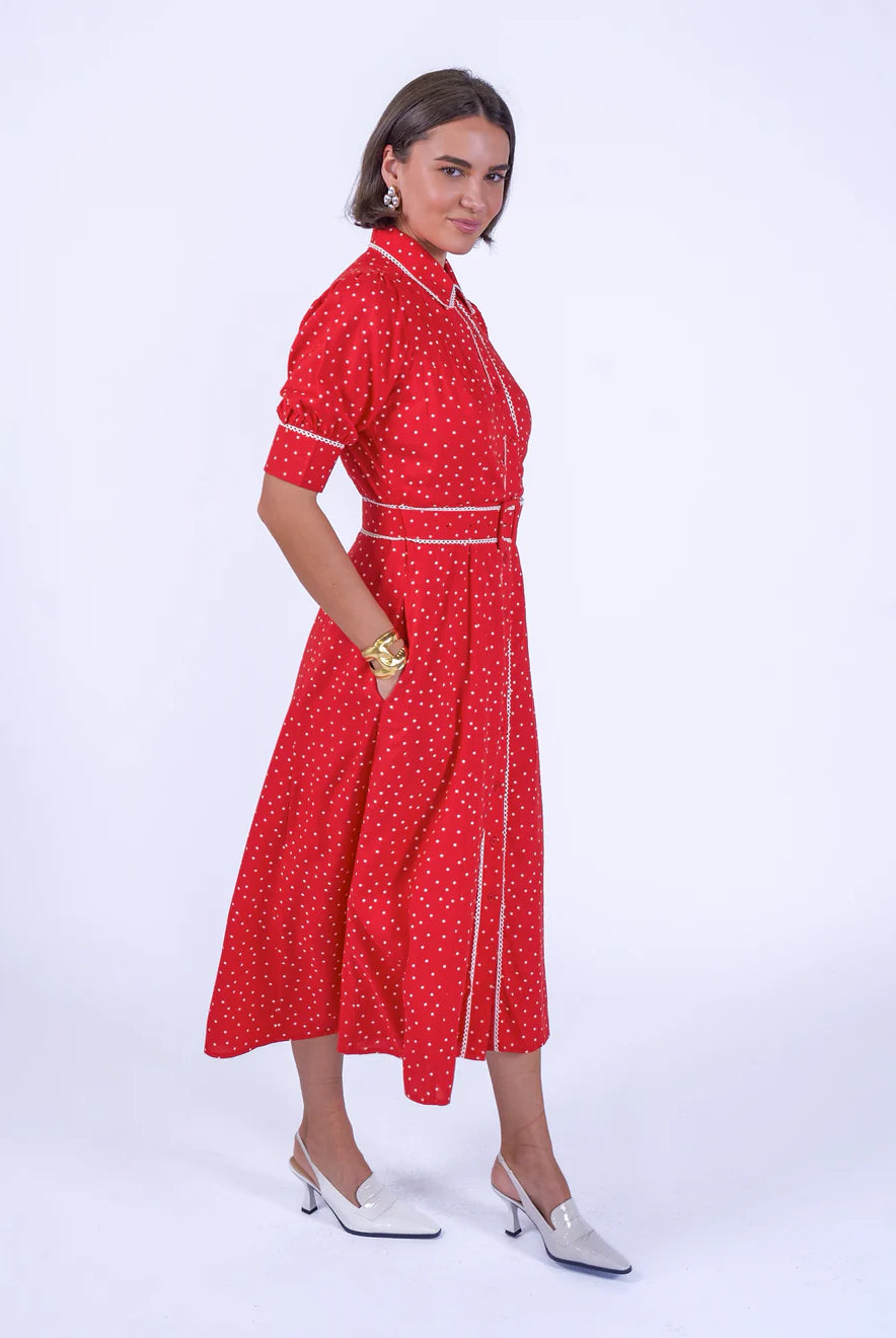 New Day Originals Sydney red polka dot midi shirt dress side view
