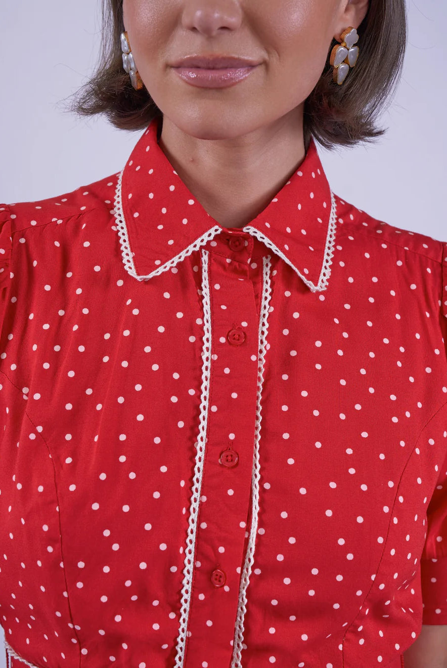 New Day Originals Sydney red polka dot tea dress waist and belt detail