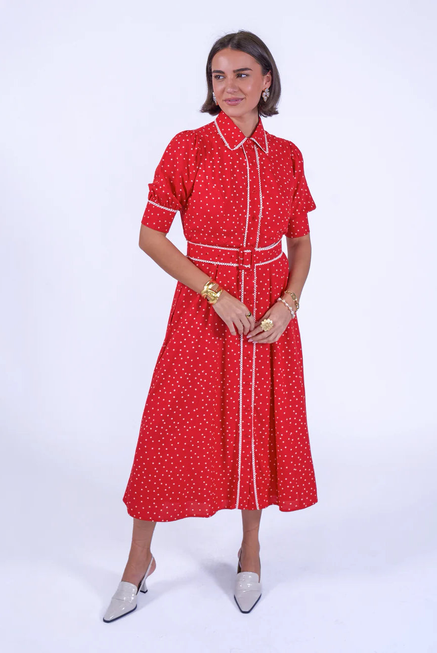 New Day Originals Sydney red polka dot button through midi dress front view