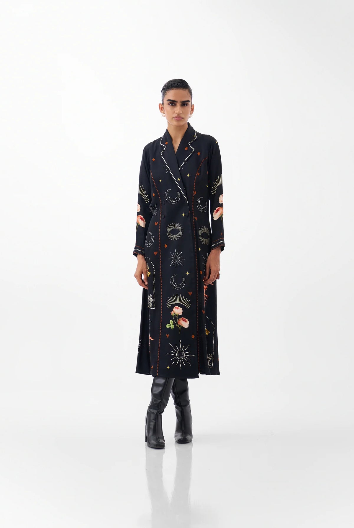 NOIB Willow black Postcards & Petals print maxi blazer dress with double-breasted front – full model view