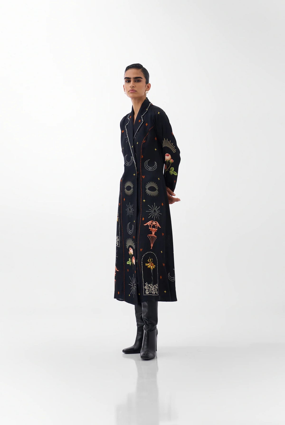 NOIB Willow long black botanical print blazer dress with long sleeves – three-quarter model view
