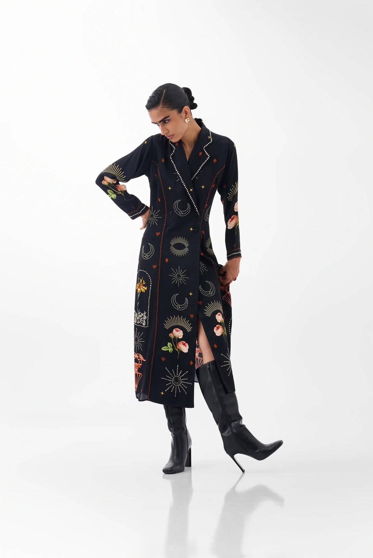 NOIB Willow Postcards & Petals double-breasted maxi dress styled with black knee-high boots – full model view