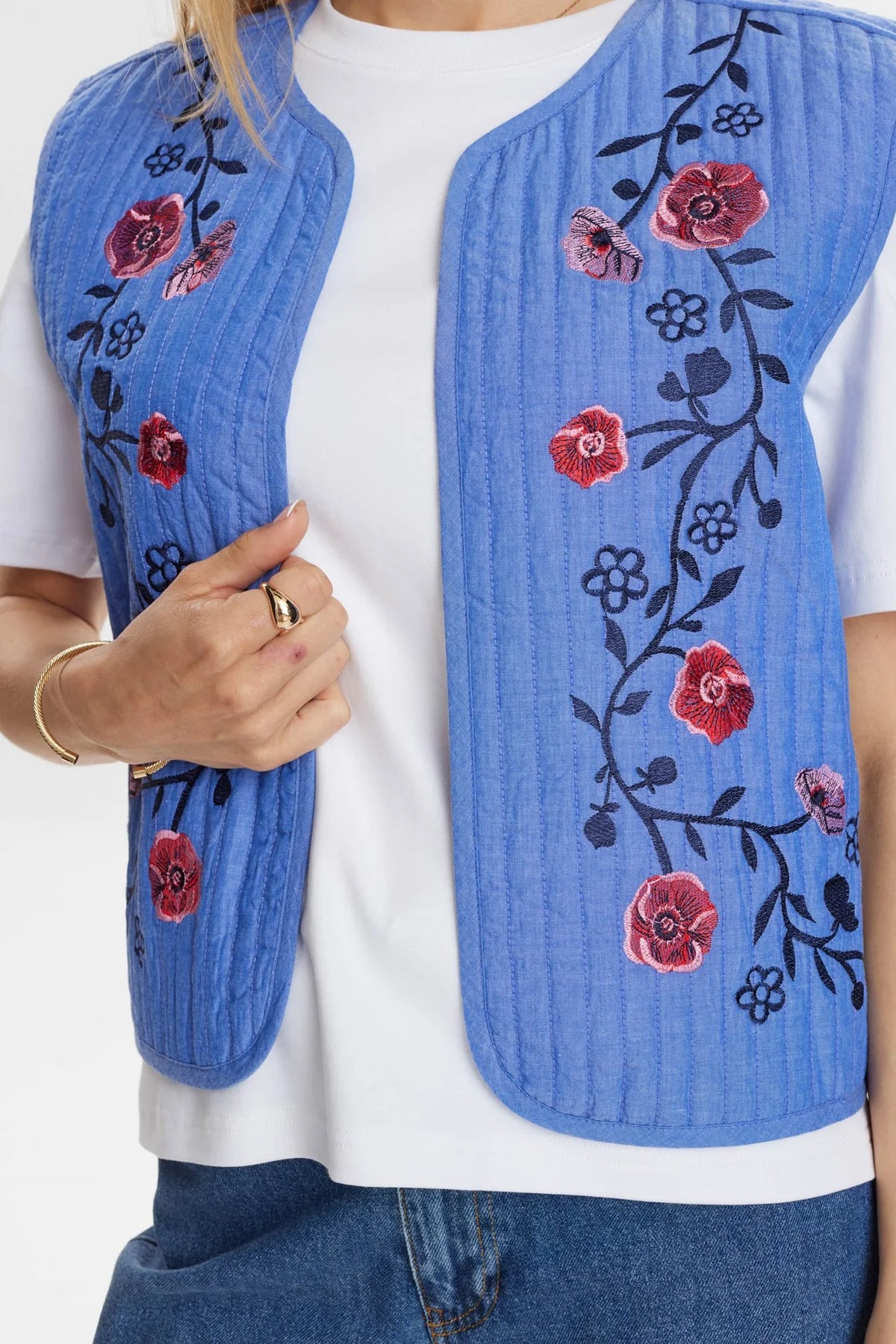 Close-up of floral embroidered detailing on Numph Nujodie gilet