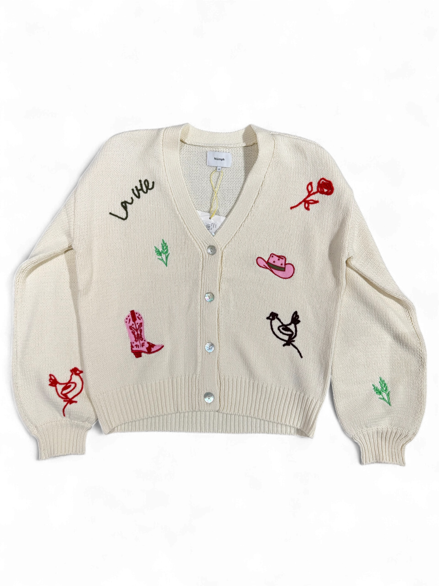 Numph Nuwally cream embroidered cardigan with colourful motifs and button front