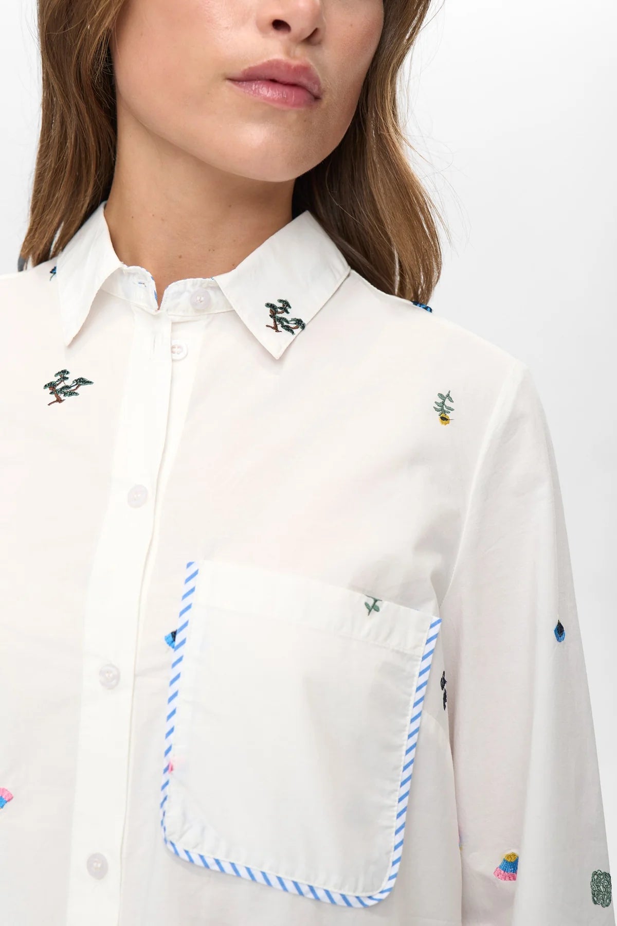 Numph Nuchiro embroidered shirt with contrast stitch pocket detail.