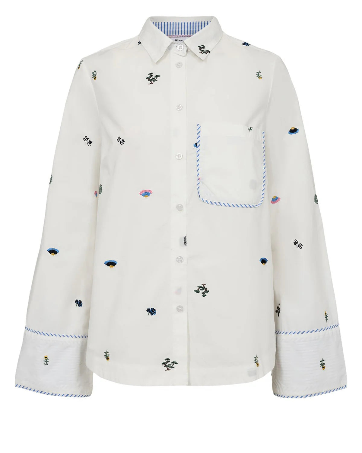 Flat lay of Numph Nuchiro embroidered cotton shirt with pocket trim.