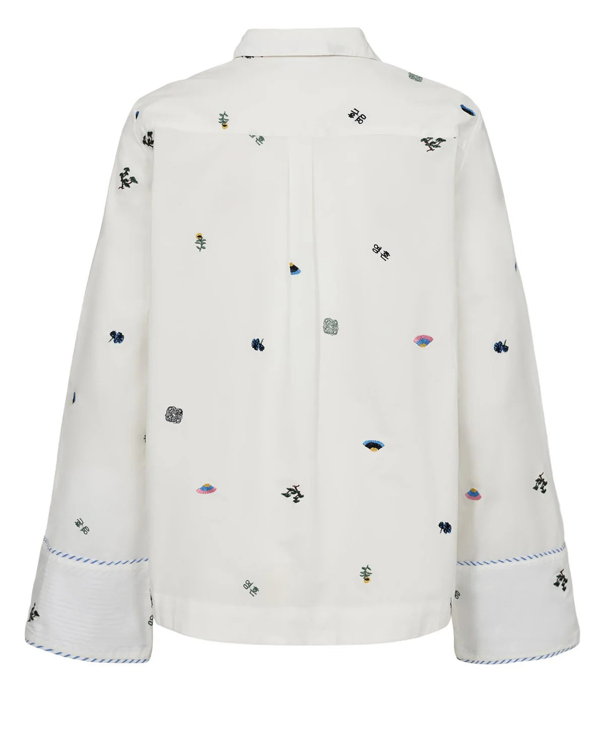 Back view of Numph Nuchiro embroidered cotton shirt with scattered motifs.