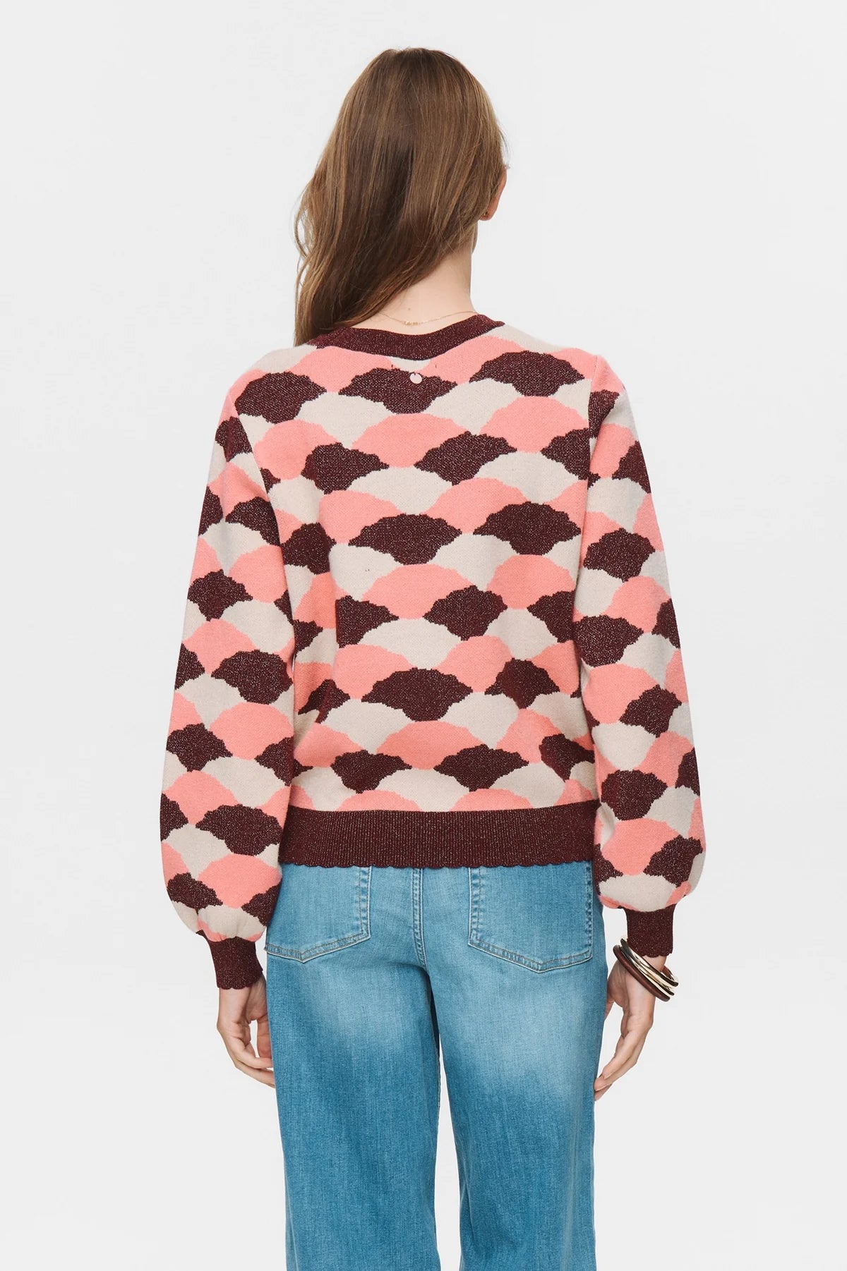 Back view of Numph Nulila pink and burgundy jumper with relaxed fit