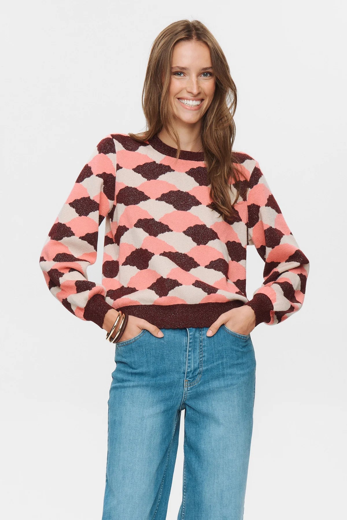 Numph Nulila jumper in pink and burgundy geometric knit with shimmer thread
