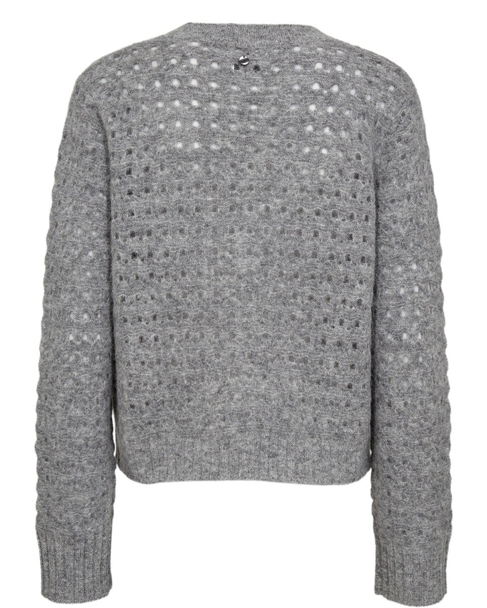 Numph Nuriette scandinavian knitwear style grey cardigan back detail with ribbed cuffs and fine pointelle texture.