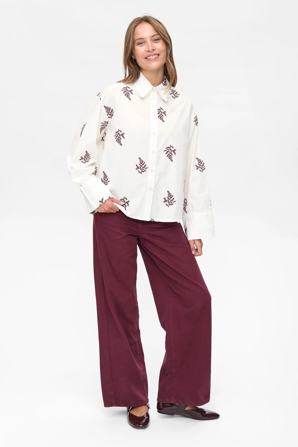 Numph Nubaily burgundy leaf embroidered shirt for women