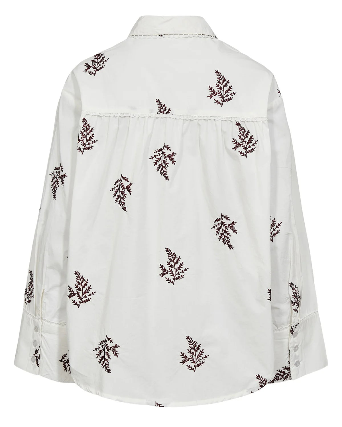 Numph Nubaily embroidered cotton shirt – full back view with burgundy leaf print