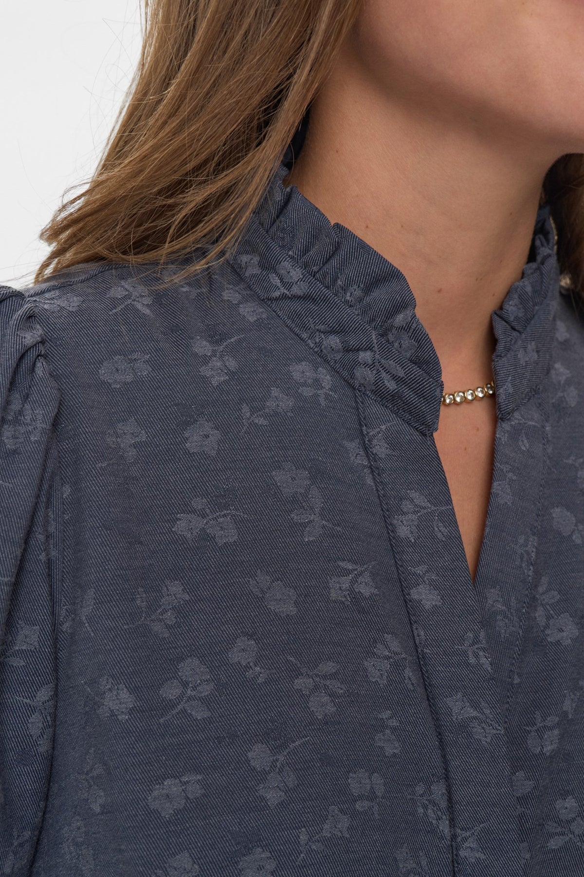 Close-up of frill collar and jacquard floral texture on Numph Nucila Shirt
