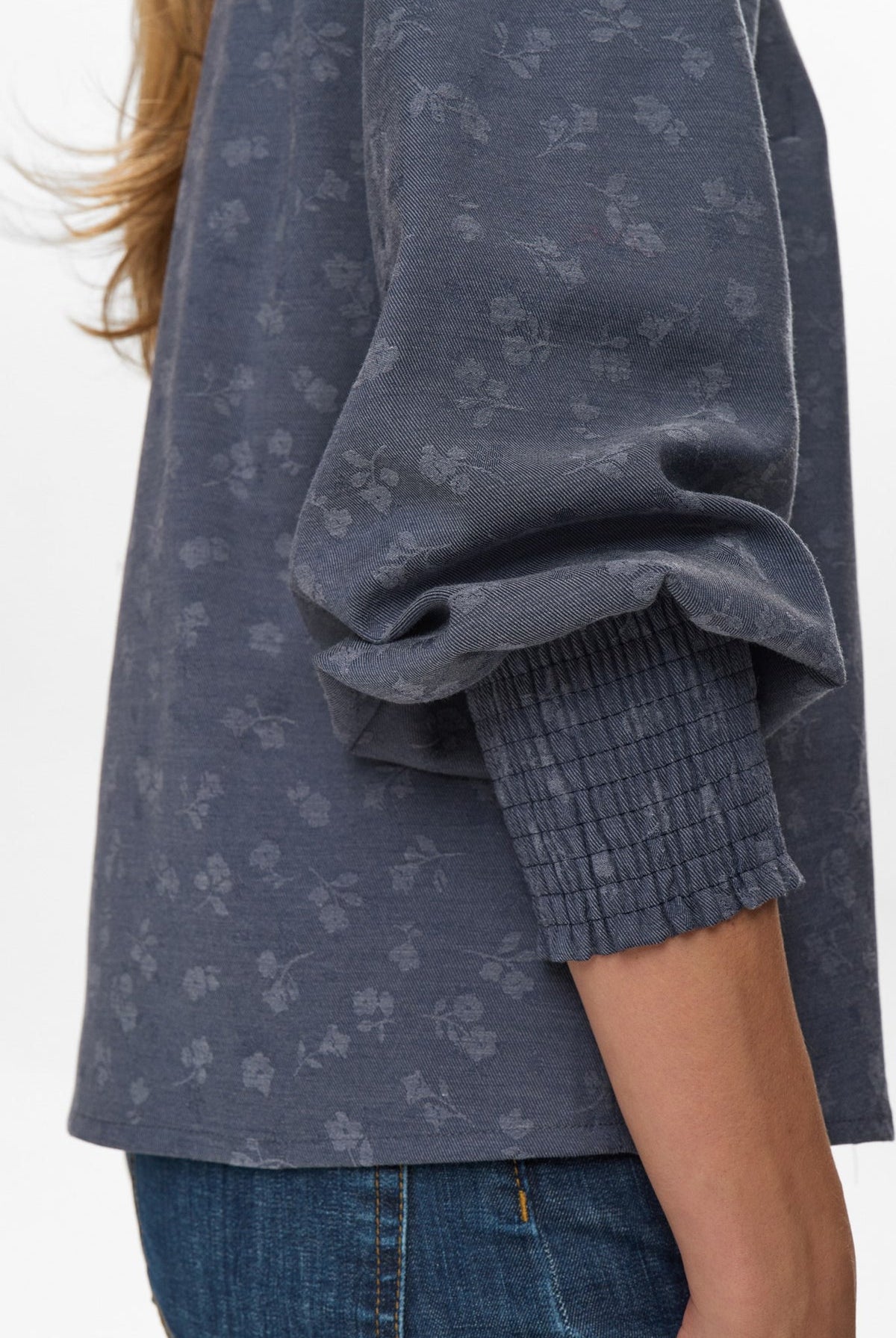 Detail of floral jacquard weave on Numph Nucila Denim Blue Shirt