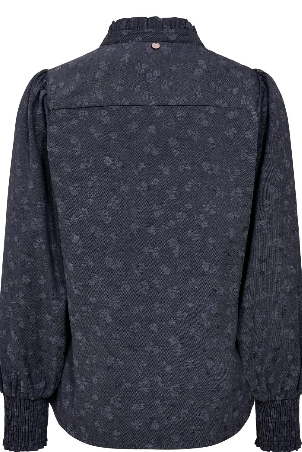 Flat lay back view of Numph Nucila Denim Blue Shirt with frill collar and cuff