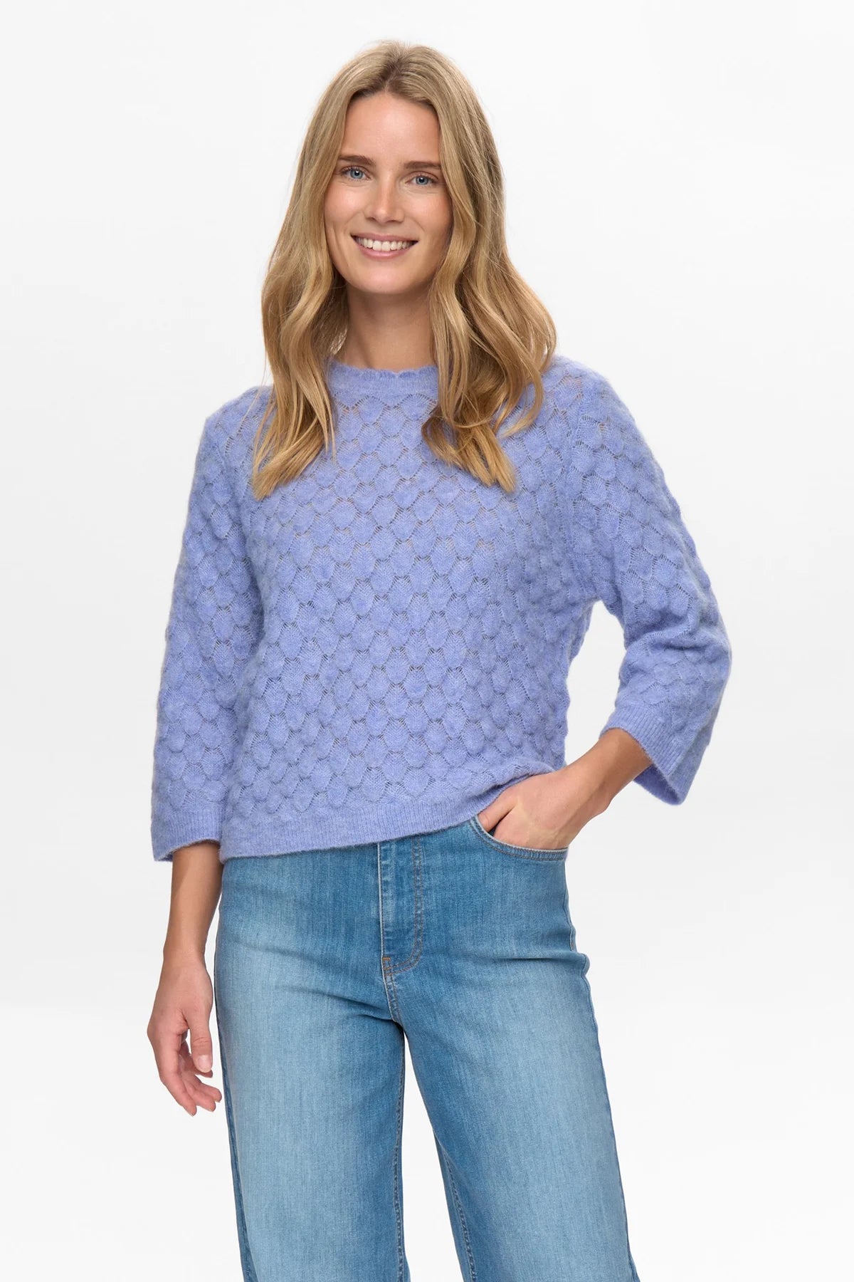 Numph Nuriette pointelle wool blend jumper in blue front view