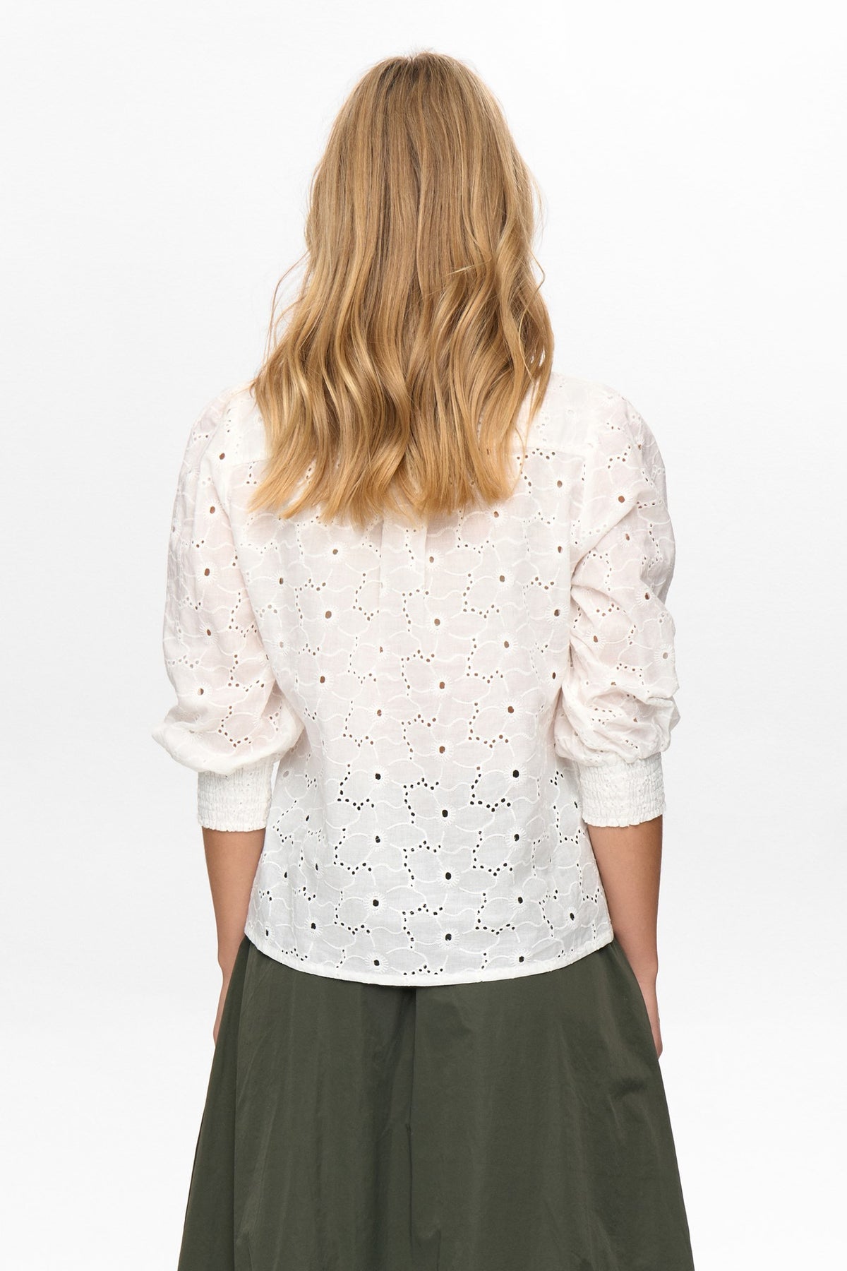 Back view of Numph Nulela white floral broderie lace blouse