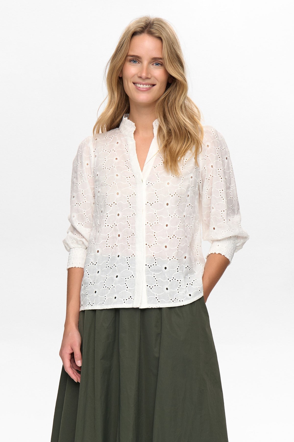 Numph Nulela white broderie lace shirt with Mao collar front view