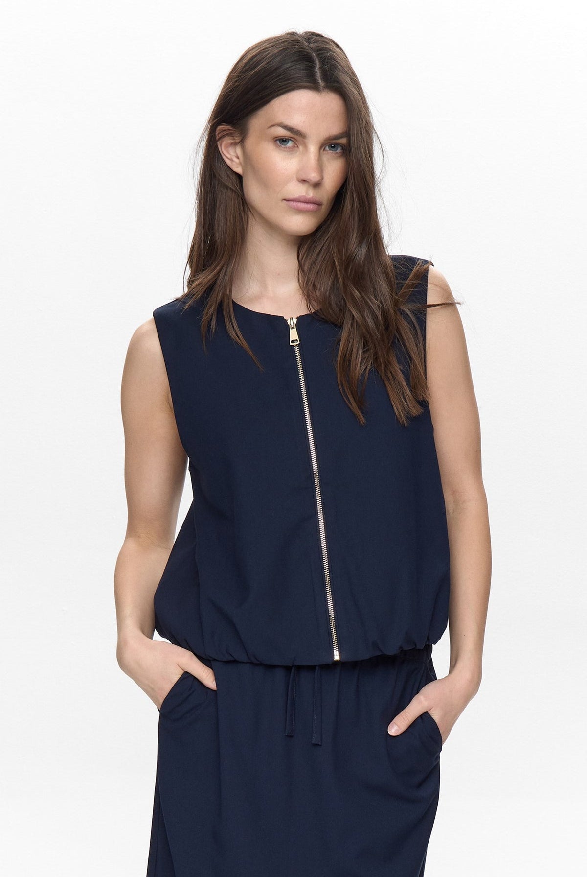 Numph Nujulia zip up sleeveless vest in navy front view