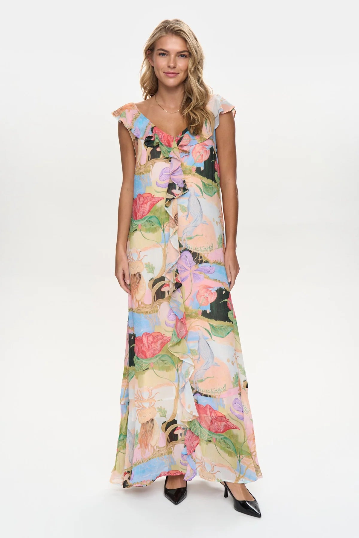 Numph fairytale print chiffon dress full length front