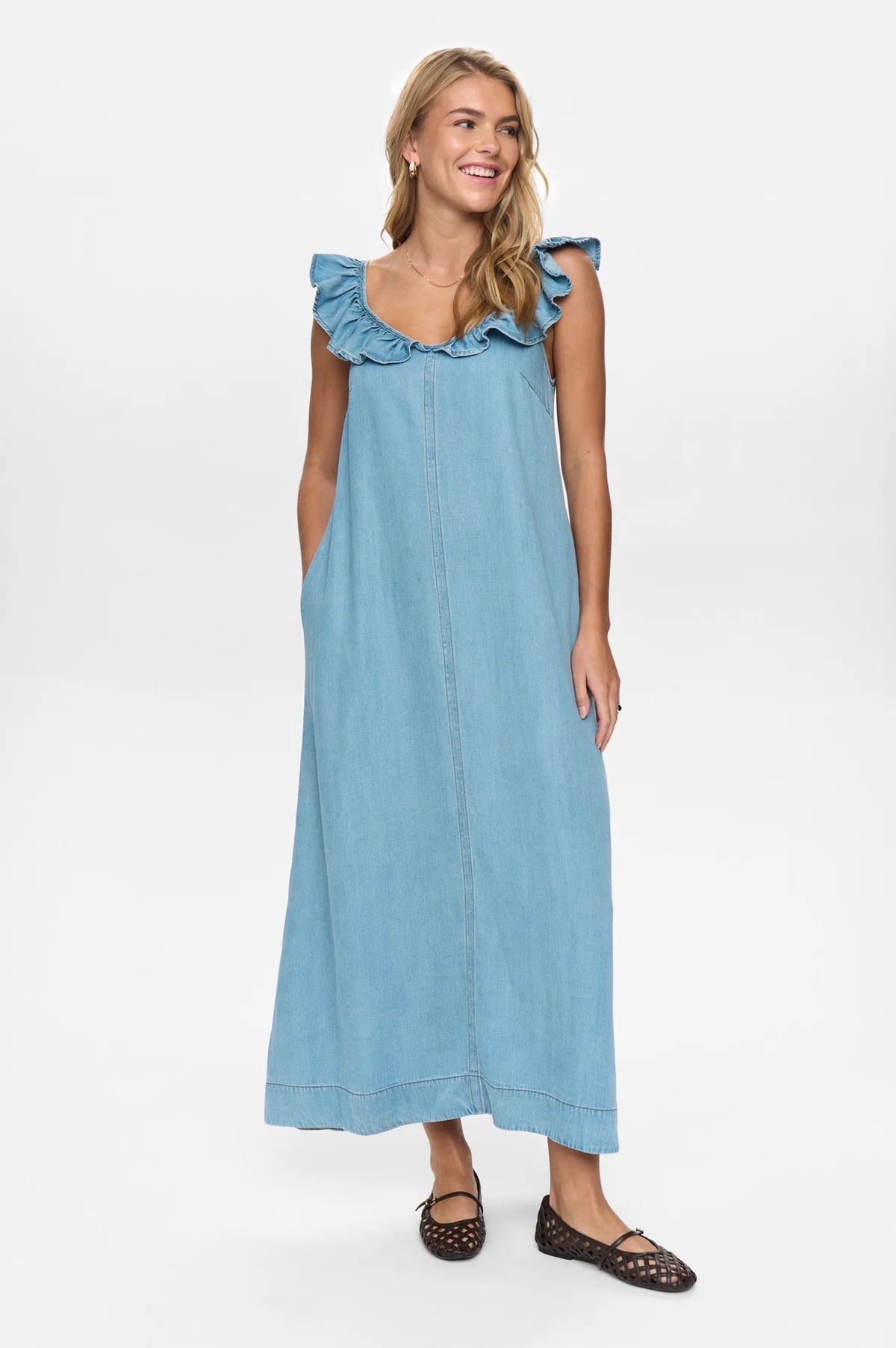 Numph sleeveless denim maxi dress full length front