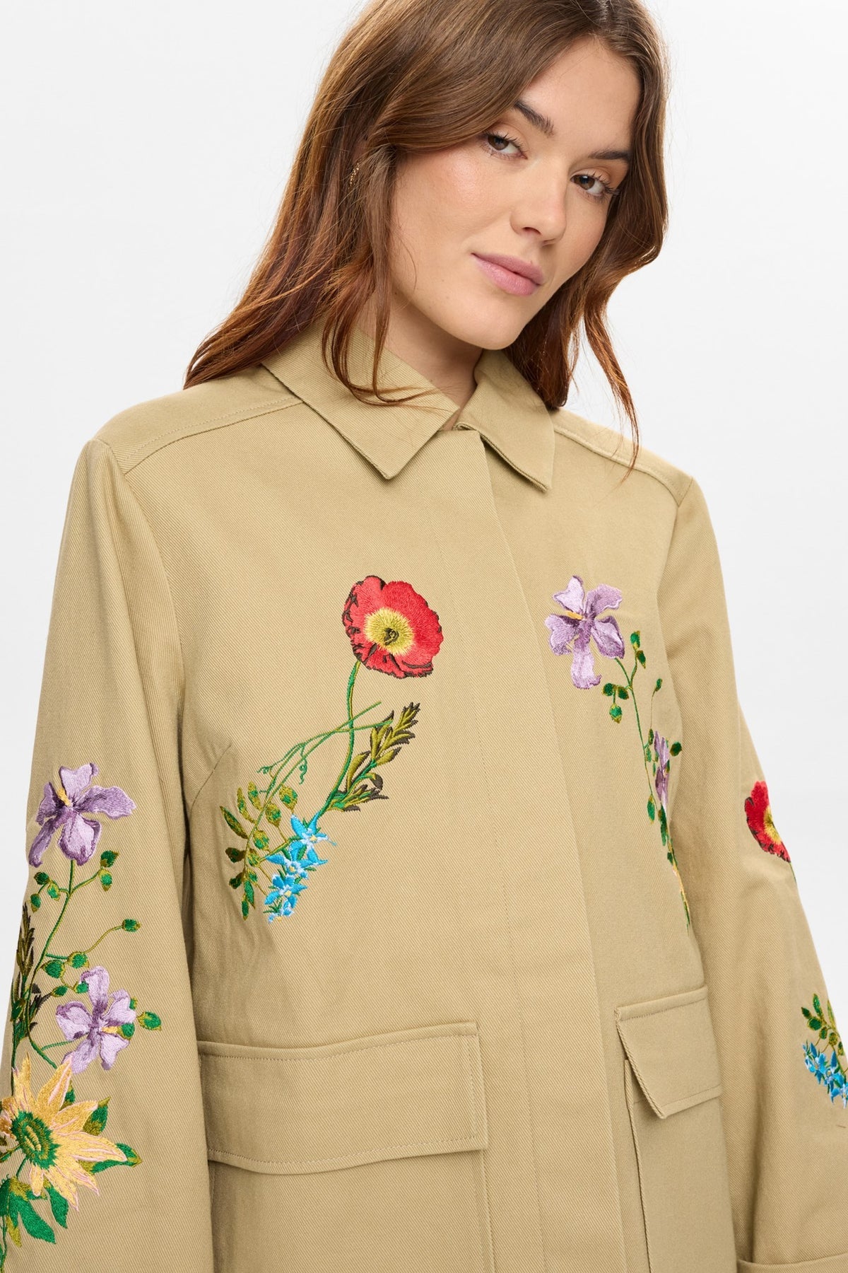 Numph floral embroidered sleeve detail army jacket