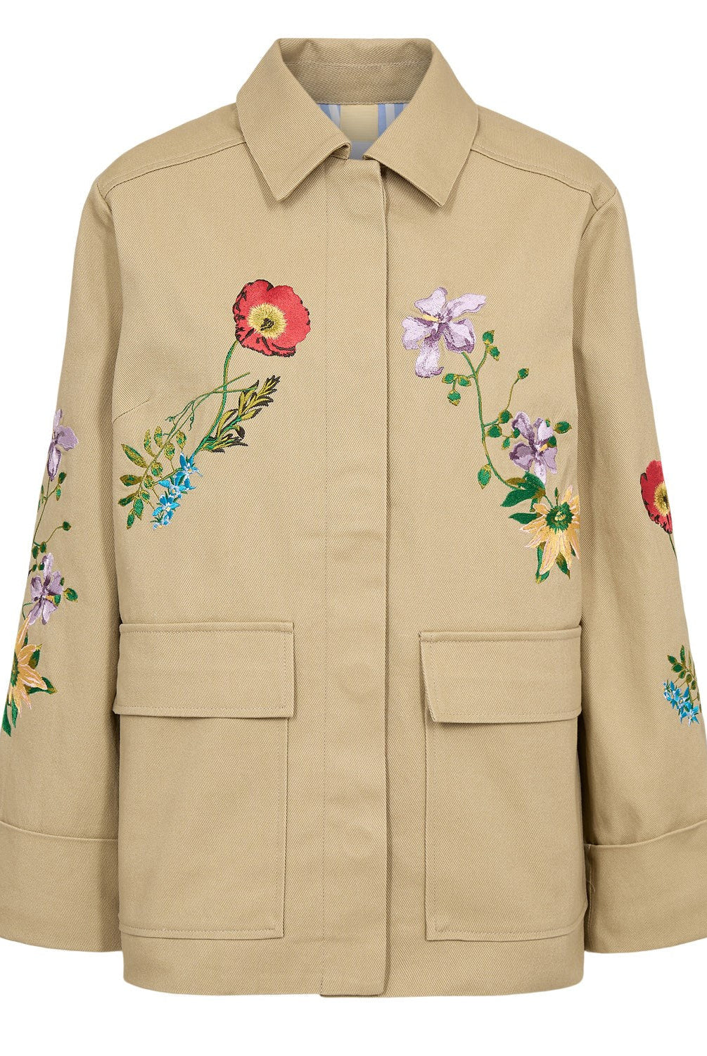 Numph Nubivalli beige utility jacket with embroidered flowers and pockets