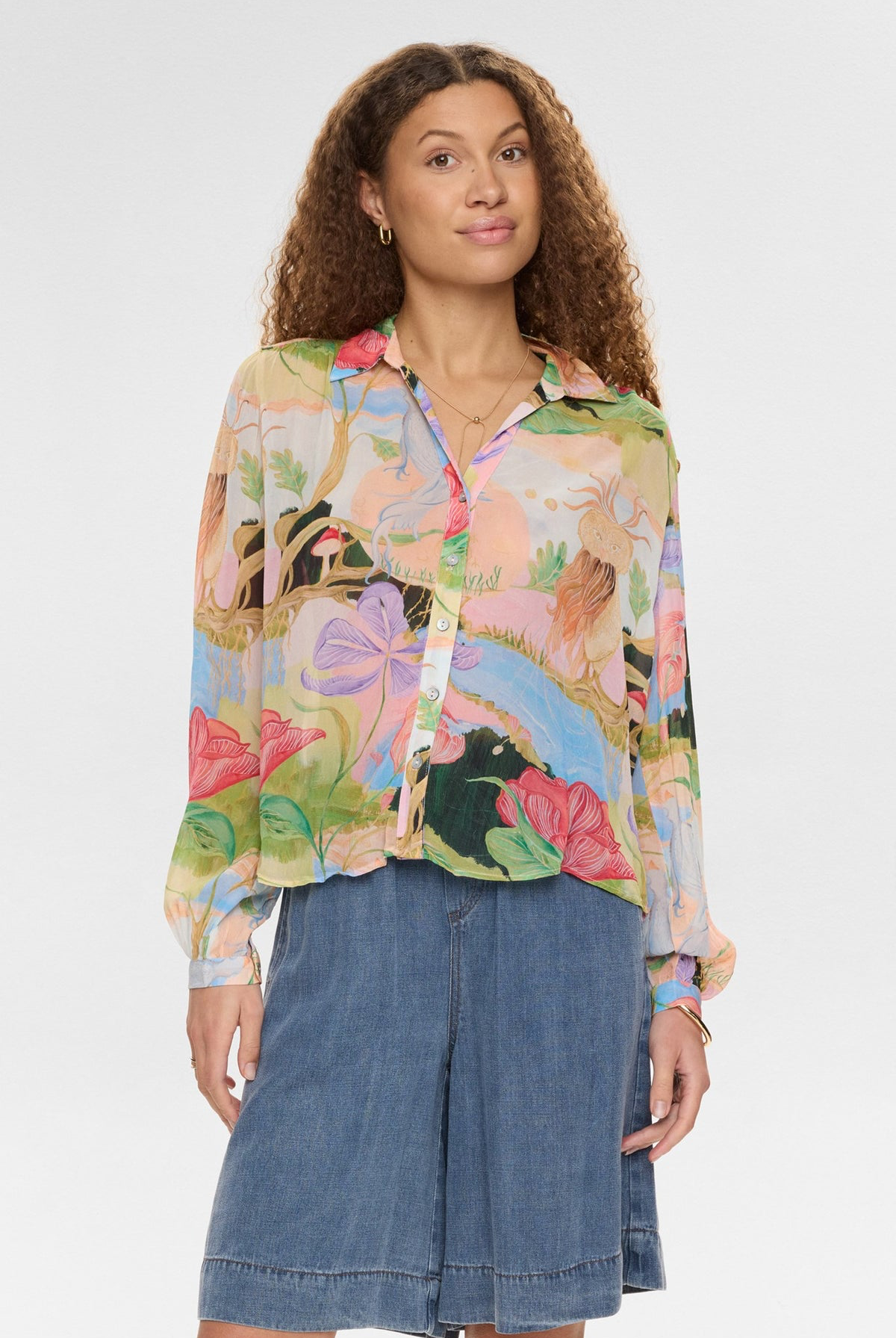 Numph Nushailyn fairytale print semi sheer shirt front