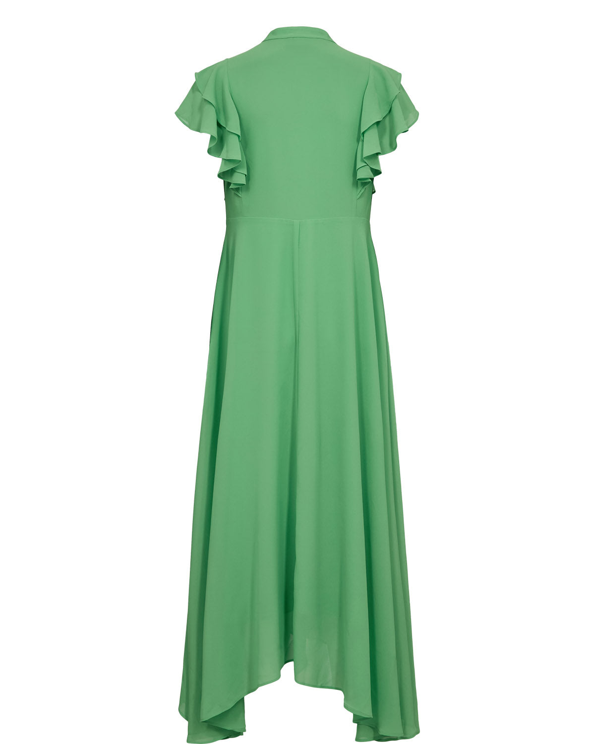 Numph Nuparisa green midi dress back view with layered ruffle sleeves and dipped hem