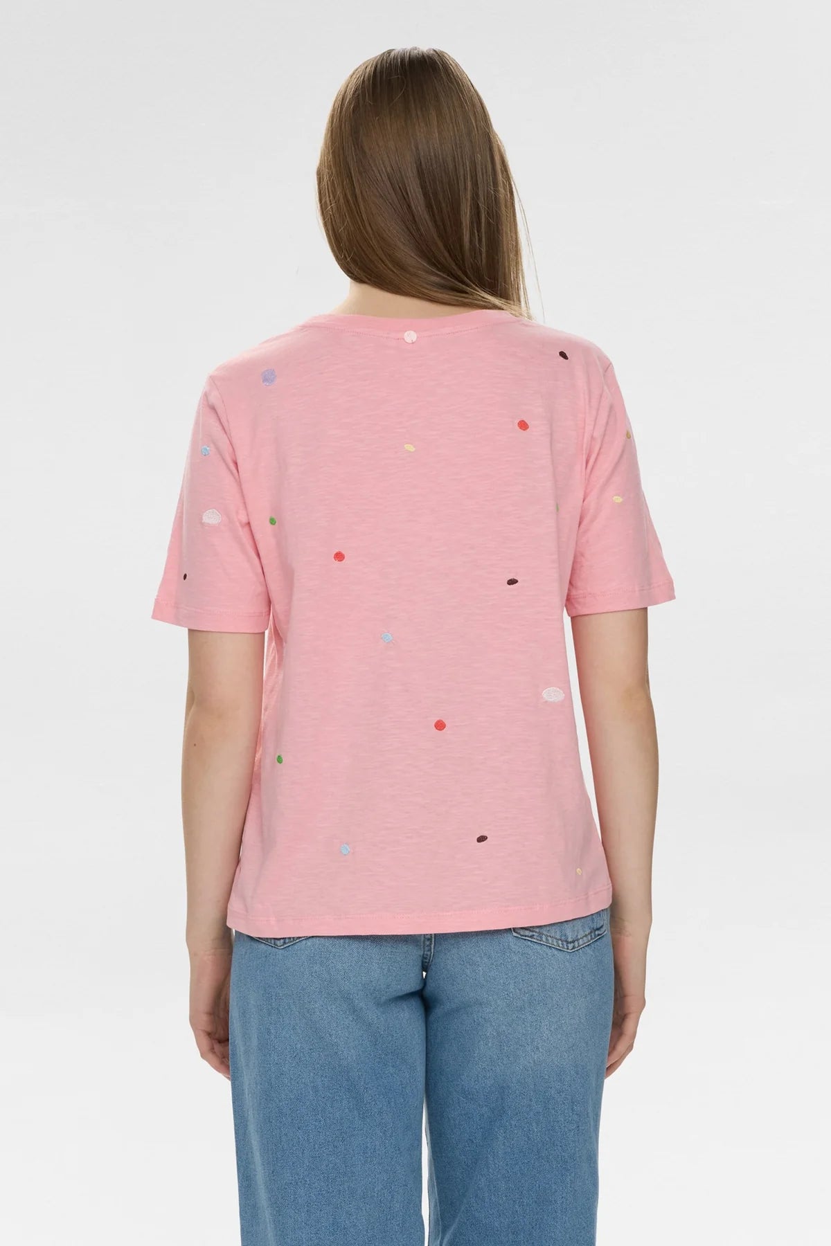 Numph pink embroidered polka dot T-shirt from back