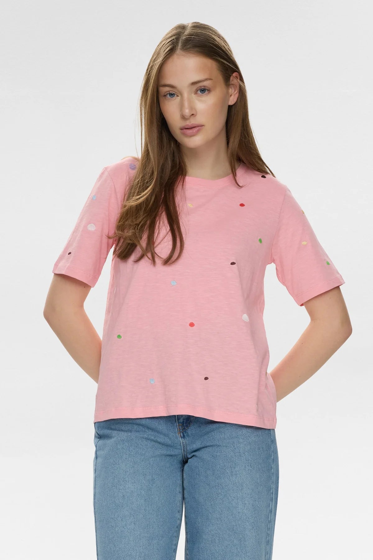 Numph pink embroidered dot T-shirt front view