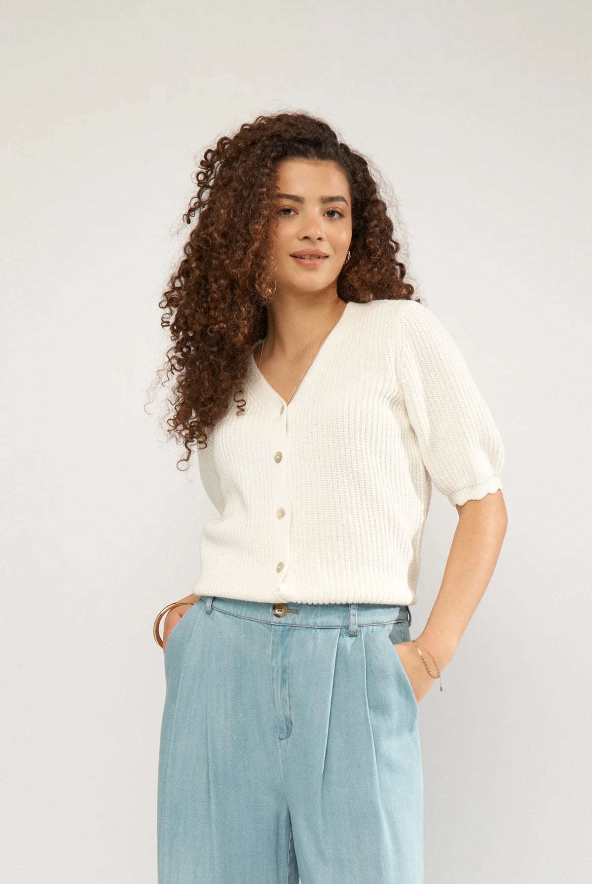 Numph cream V-neck cardigan button front ribbed knit detail