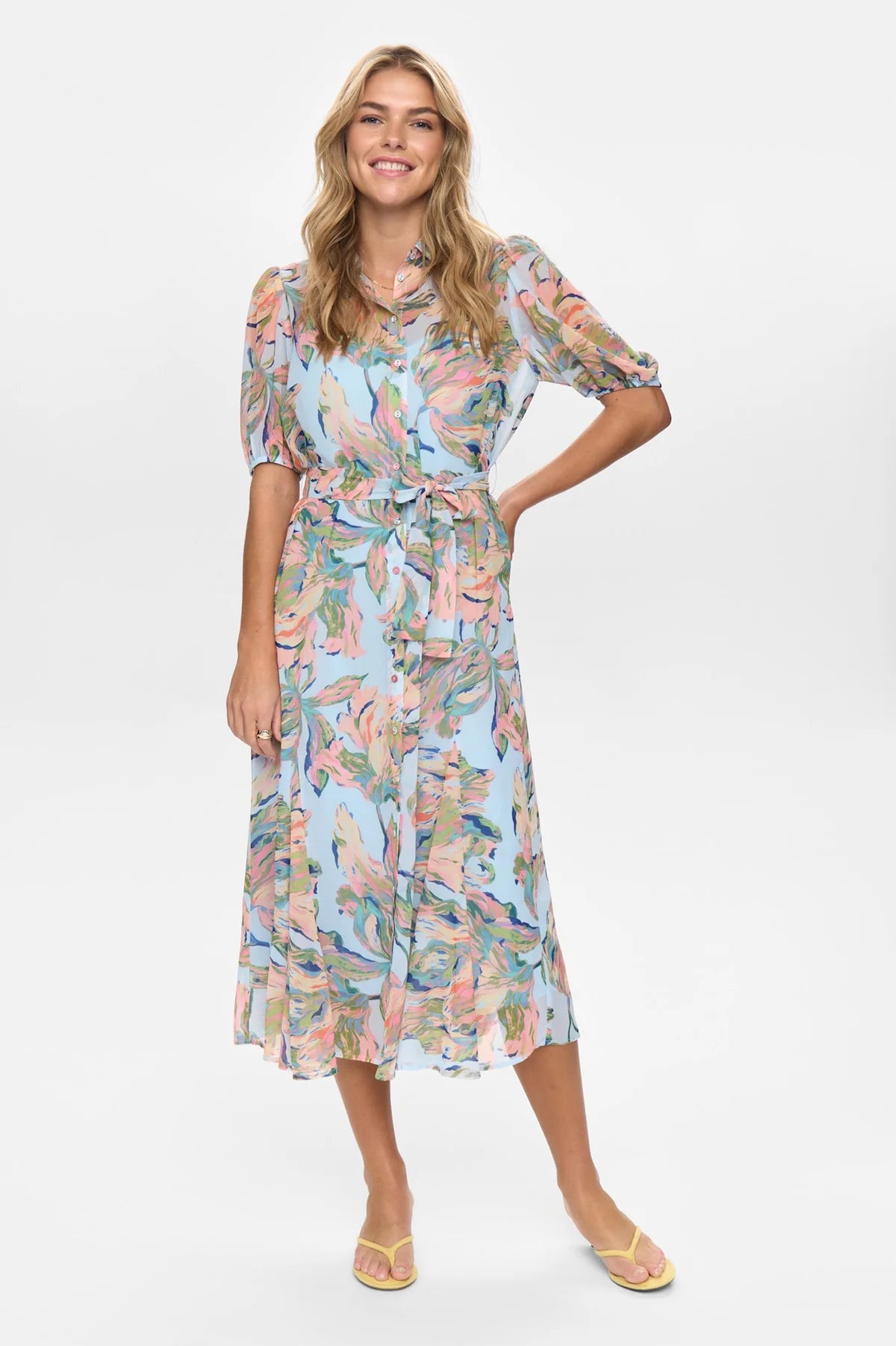 Numph Nukellie floral chiffon shirt dress front view