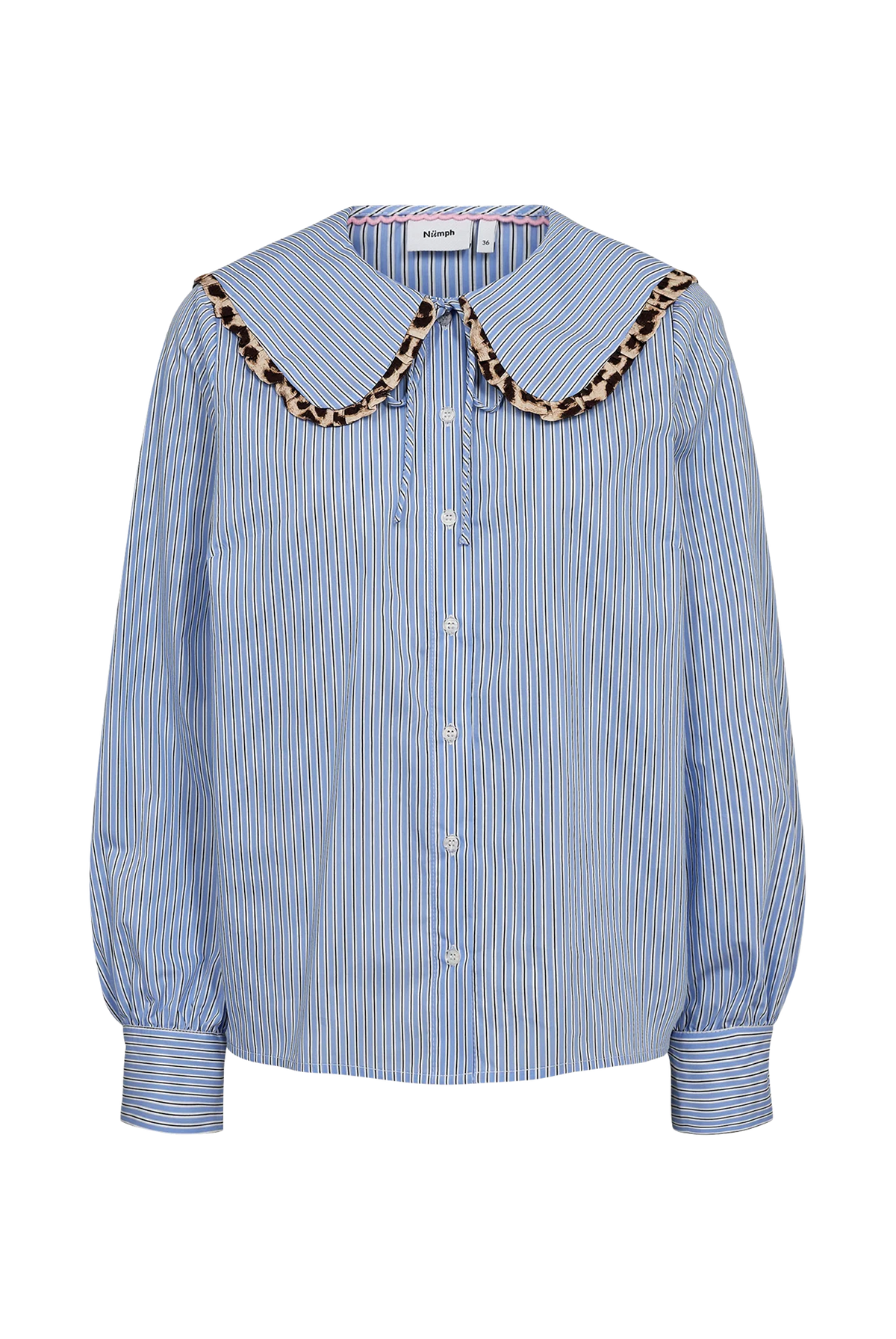 Nümph Numayana blue stripe leopard trim Peter Pan collar shirt – product front view