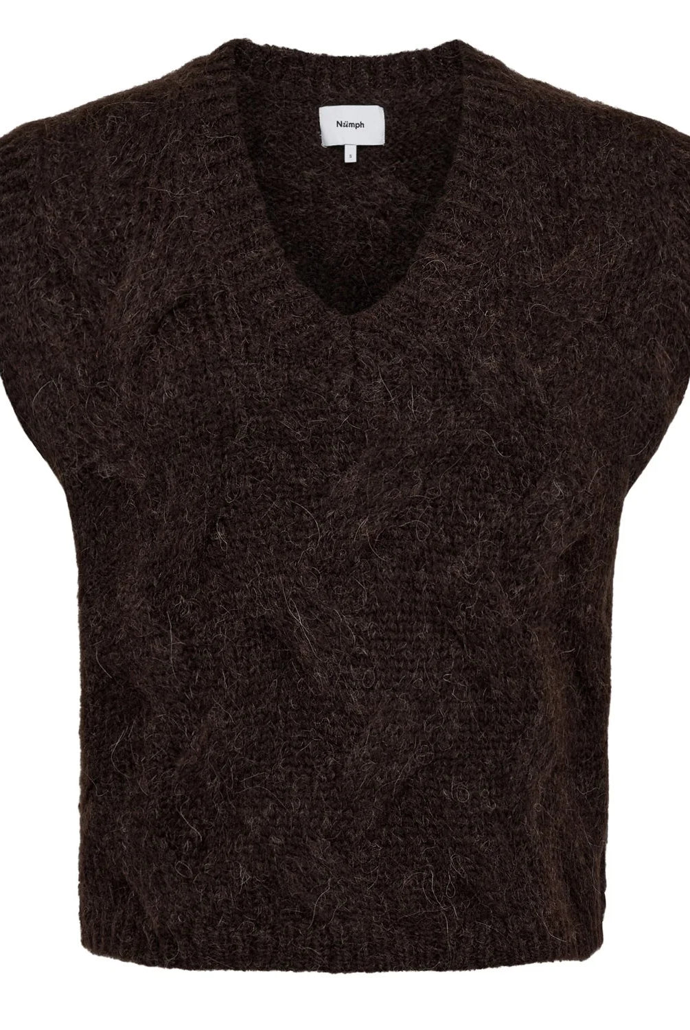 Nümph Nualmas Black Coffee V-neck cable knit vest – product front view