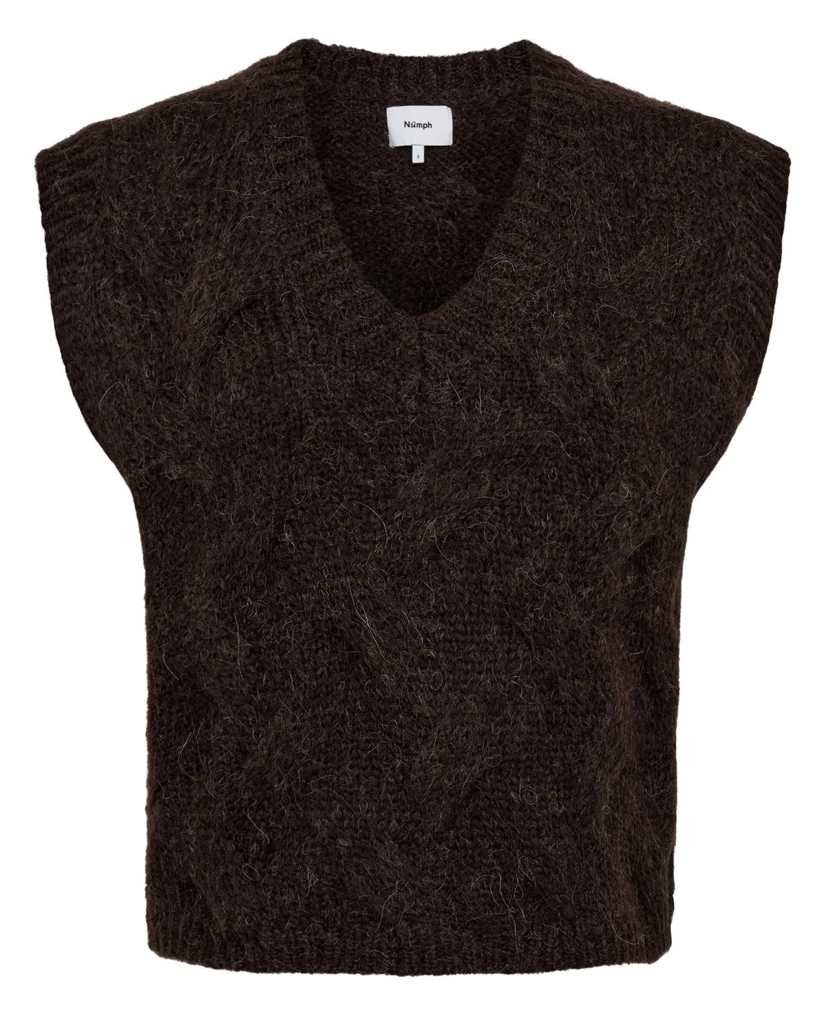 Nümph Nualmas Black Coffee V-neck cable knit vest – product front view