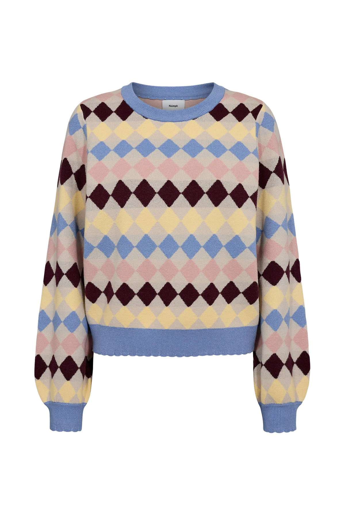 Nümph Nulina Gray Morn argyle crew neck jumper in blue, pink, yellow and burgundy – product front view