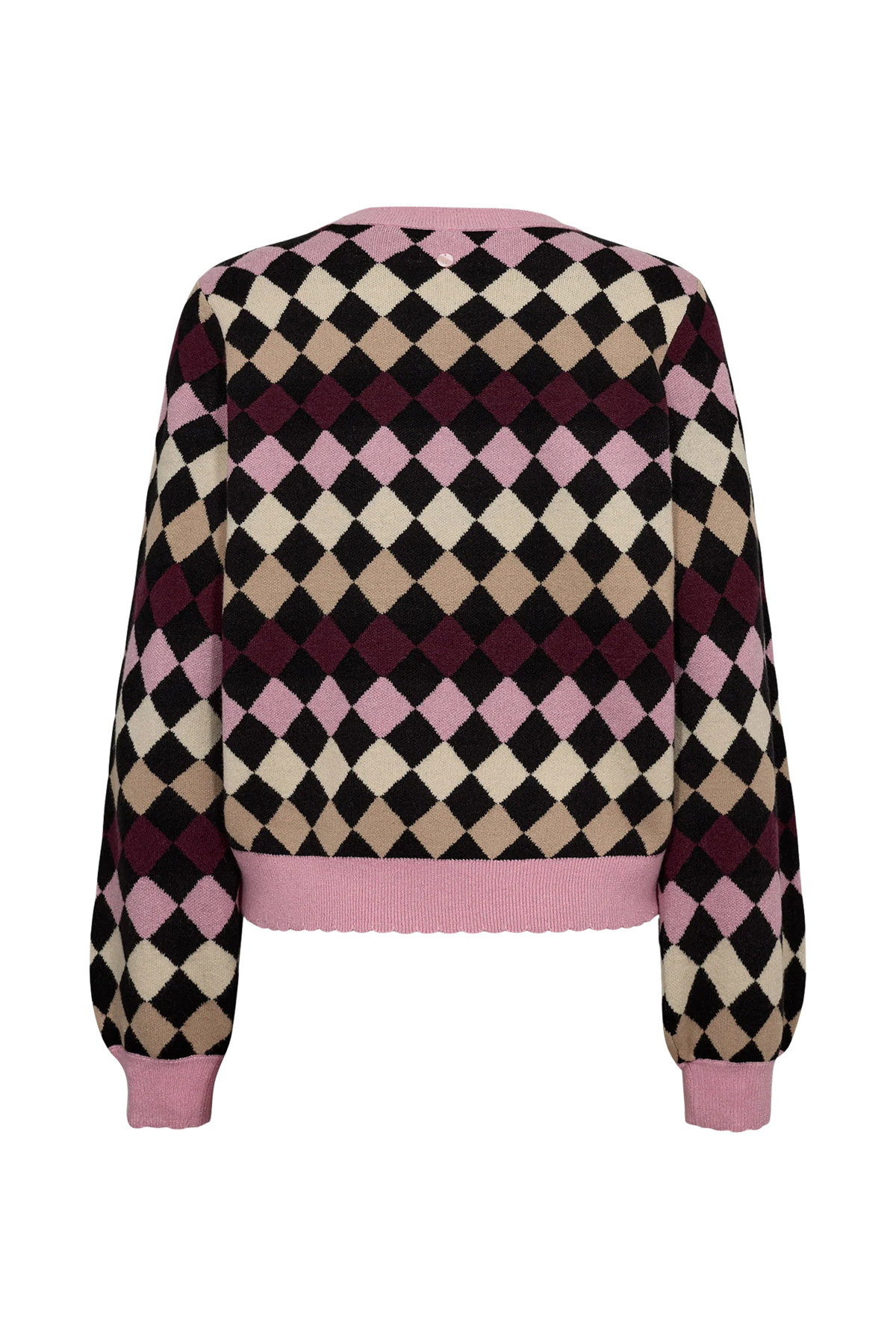 Nümph Nulina Caviar argyle knitted jumper with pink ribbed trims – product back view