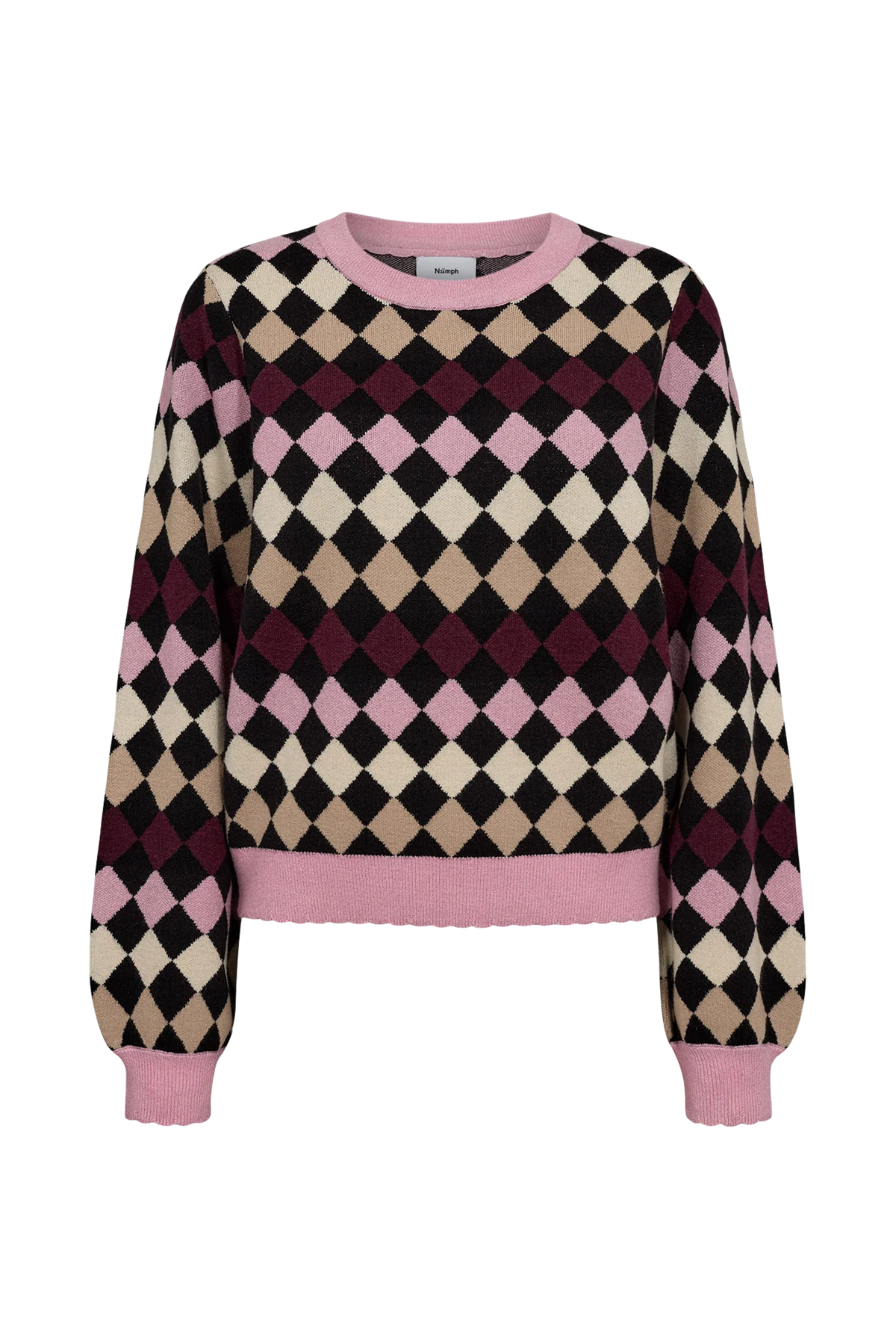 Nümph Nulina Caviar argyle crew neck jumper in pink, burgundy, cream and black – product front view