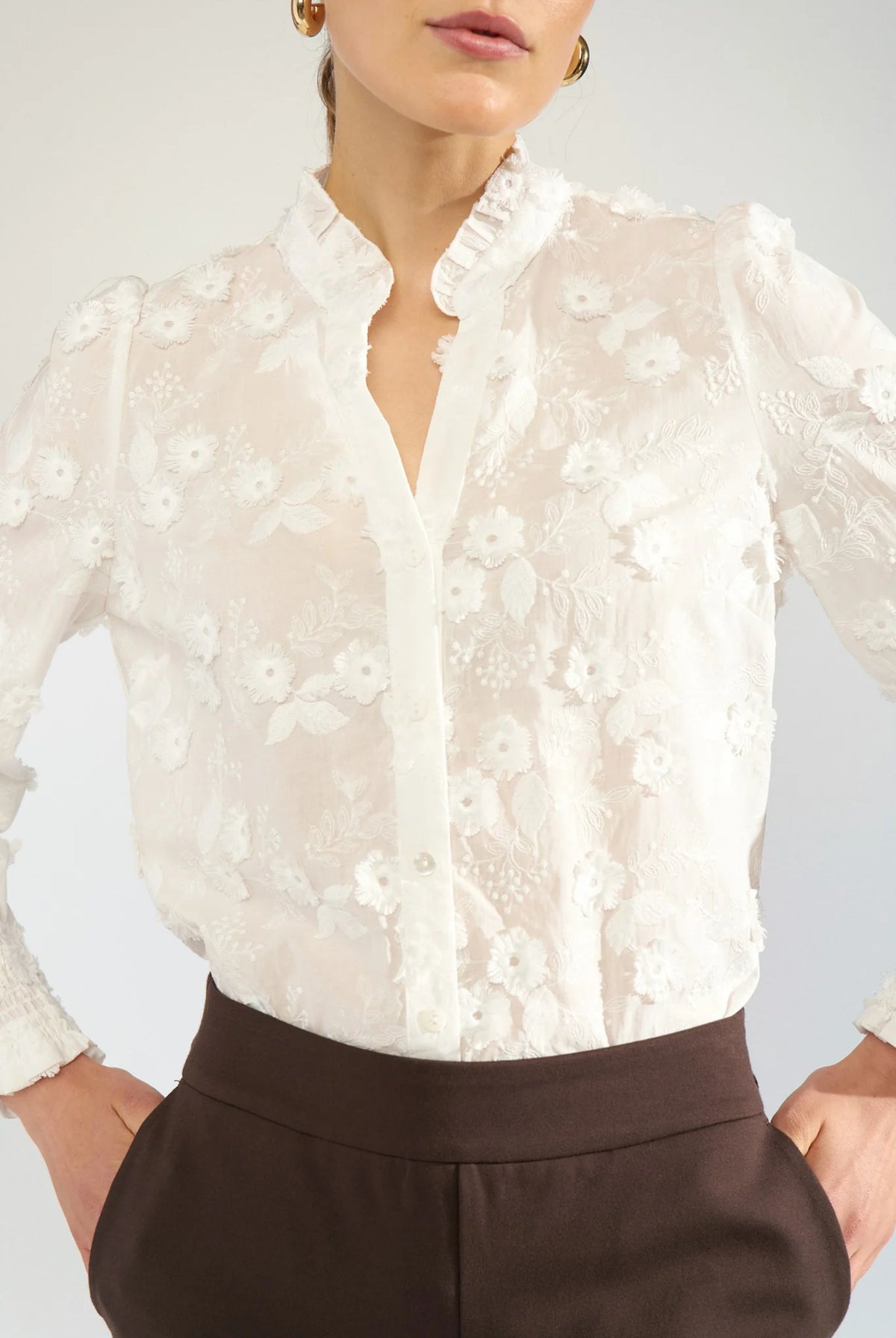 Nümph Nulenea white floral embroidered cotton blouse with open neckline – front detail view
