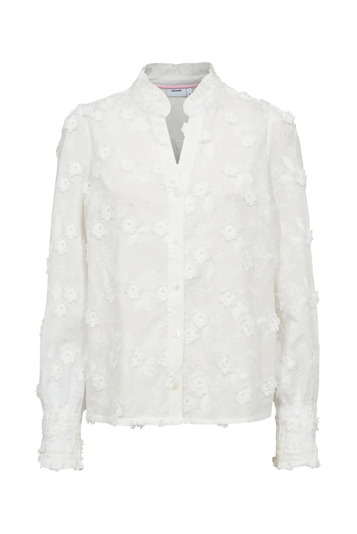 Nümph Nulenea white embroidered cotton blouse with open neckline – product front view