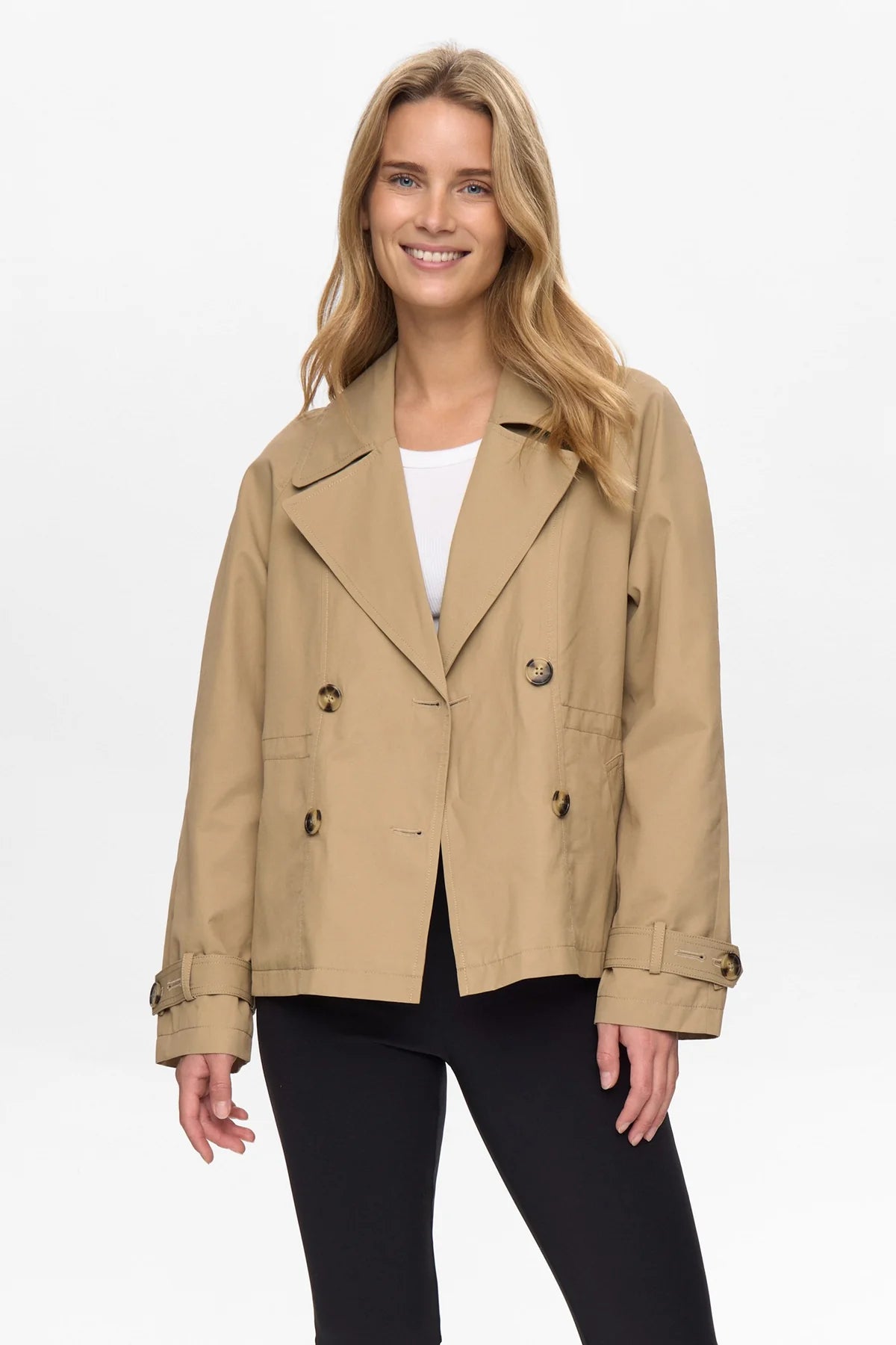 Numph Nuflorian short trench style jacket front view in beige
