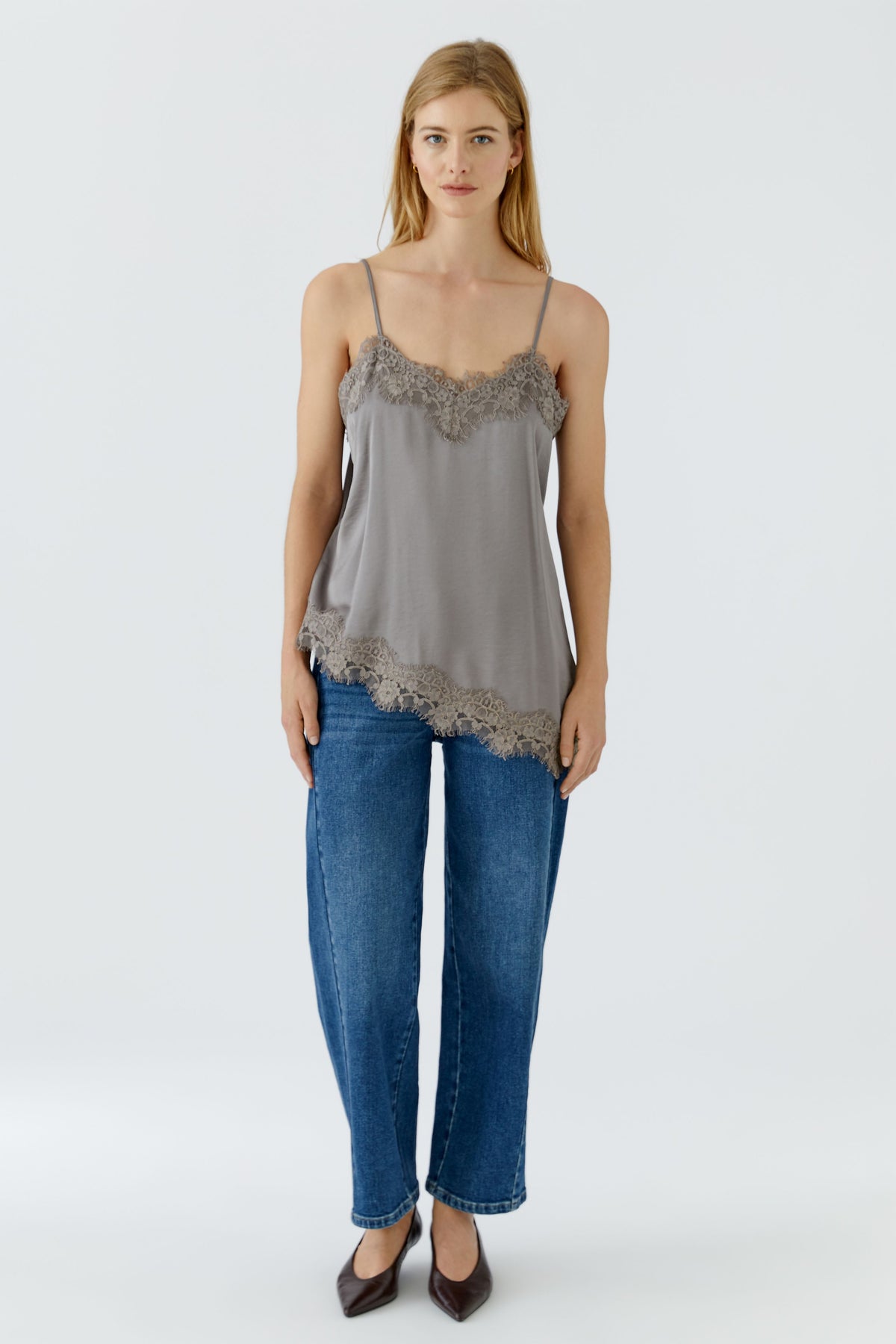 Oui Sleepy Grey satin camisole top with adjustable straps – full model view