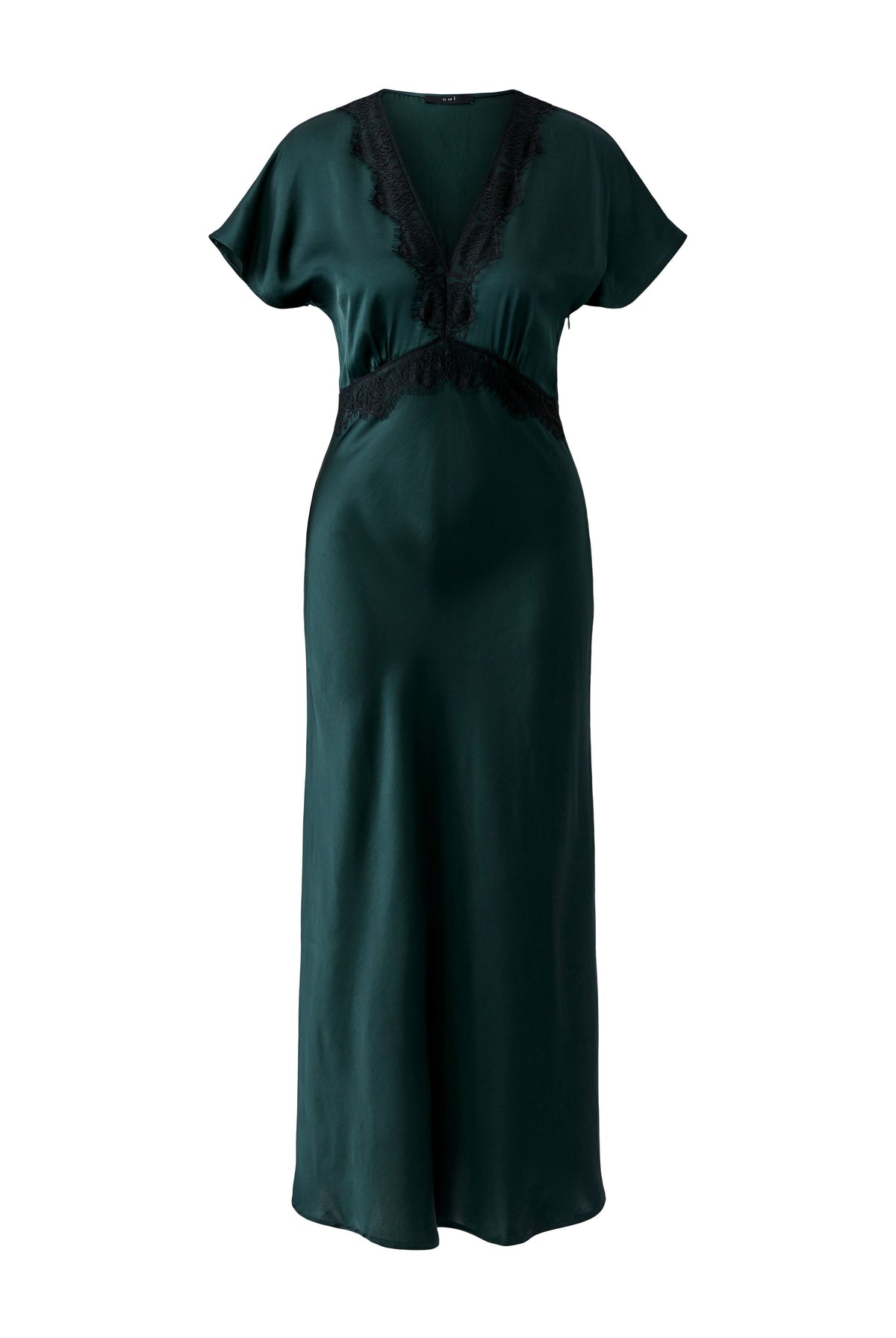 Oui green satin V-neck midi dress with black lace waist trim – product front view