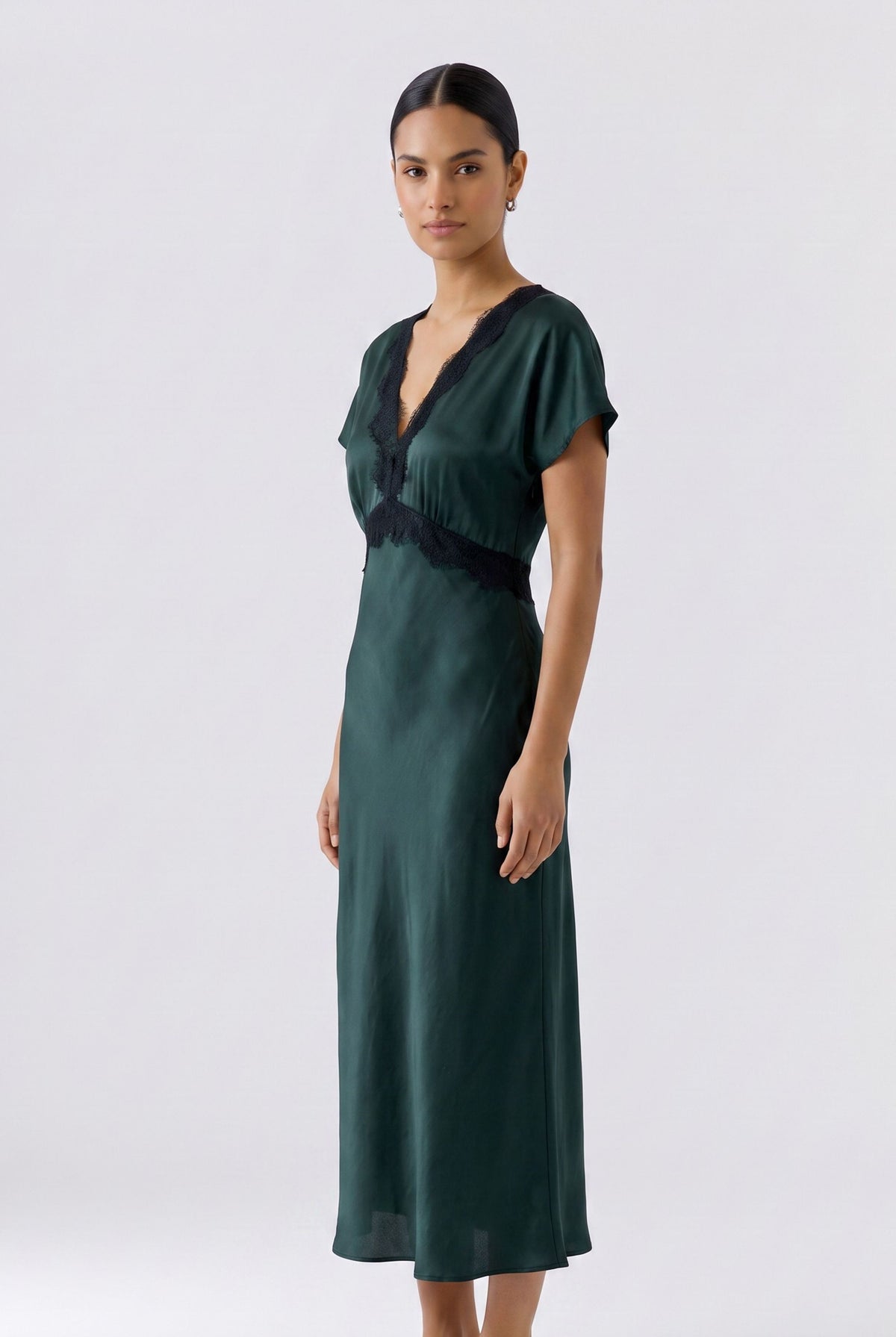 Oui green satin lace trim dress with flutter sleeves – angled model view