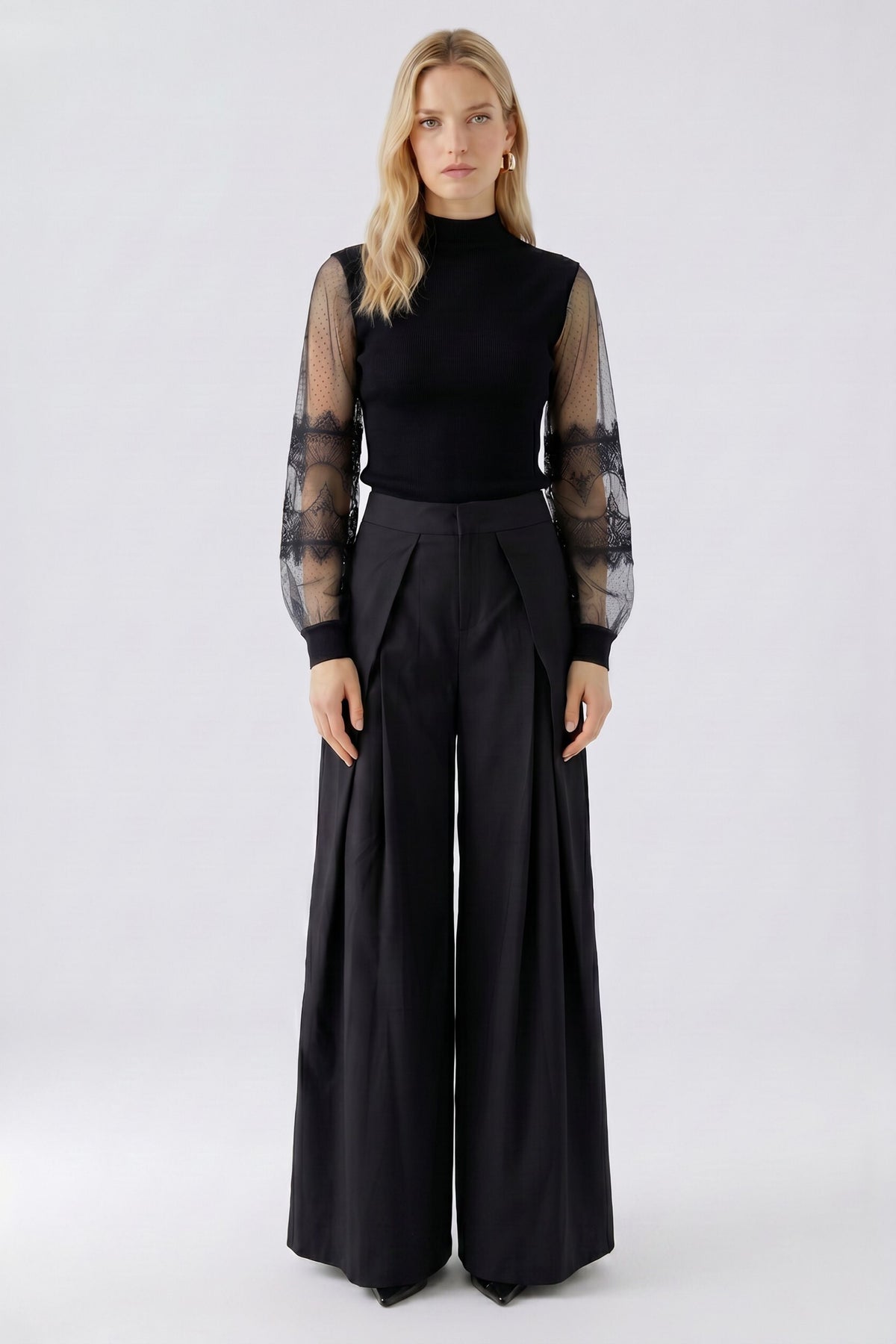 Oui black high neck jumper with sheer lace sleeves – full front view