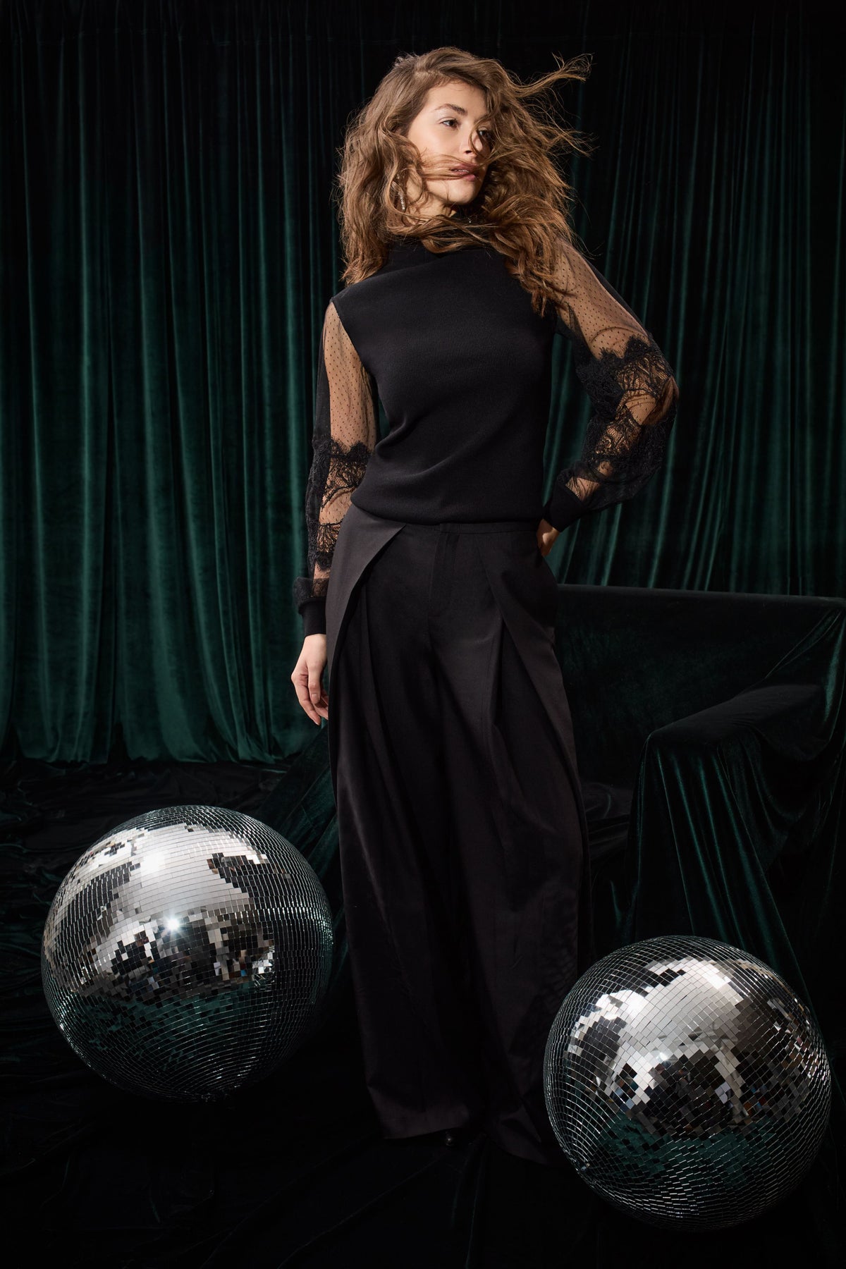 Oui black lace party polo neck jumper with sheer sleeves