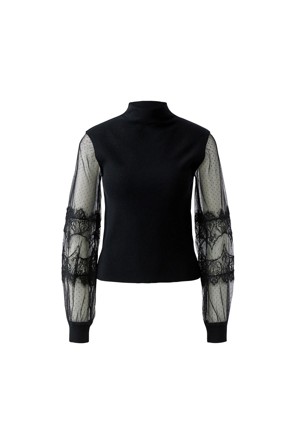 Oui black polo neck jumper with sheer floral lace sleeves – product front view